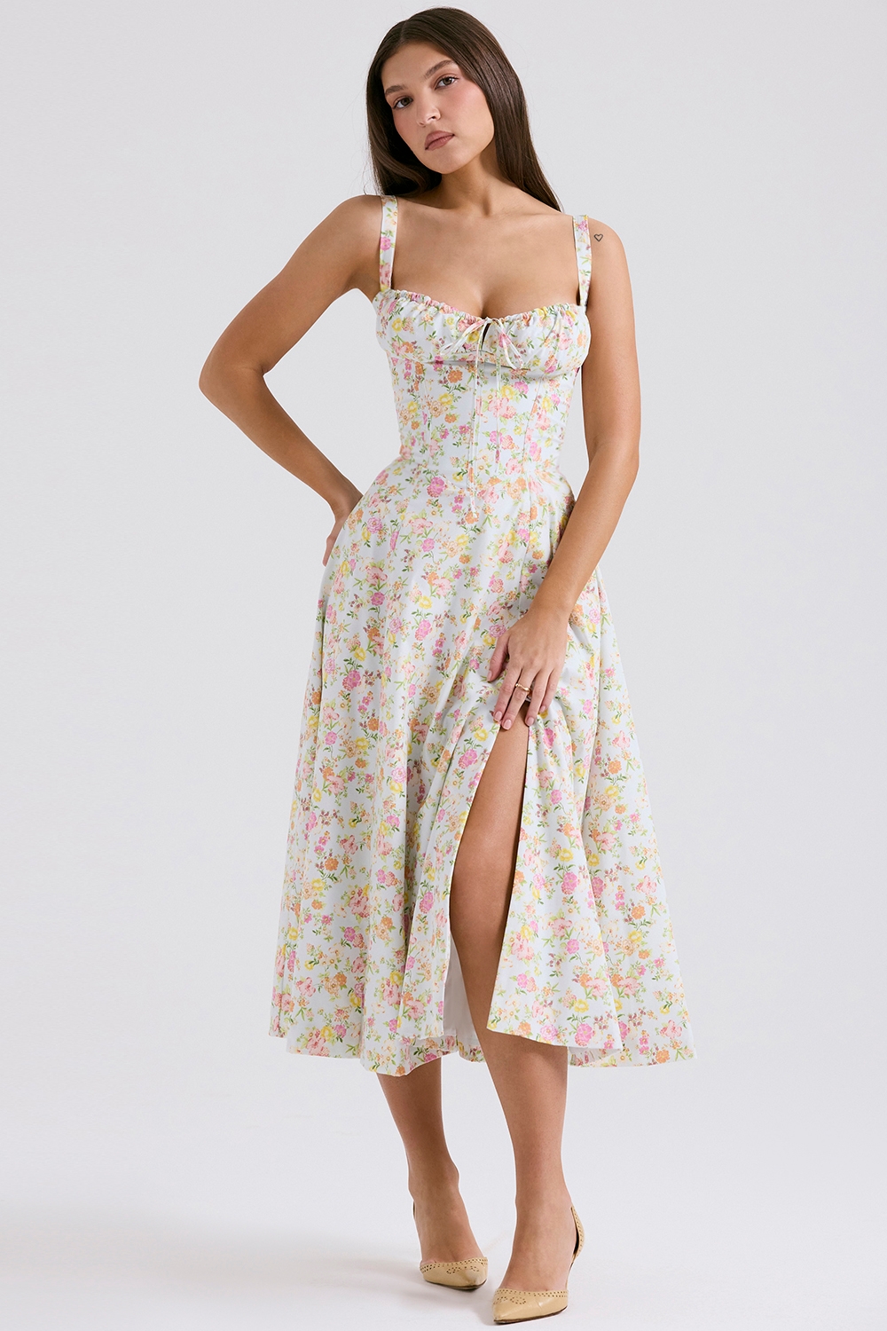 Carmen-Pale Blue Meadow Print Cotton Bustier Sundress