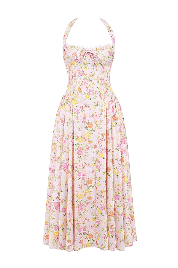 Adabella-Pink Meadow Print Cotton Halter Midi Sundress