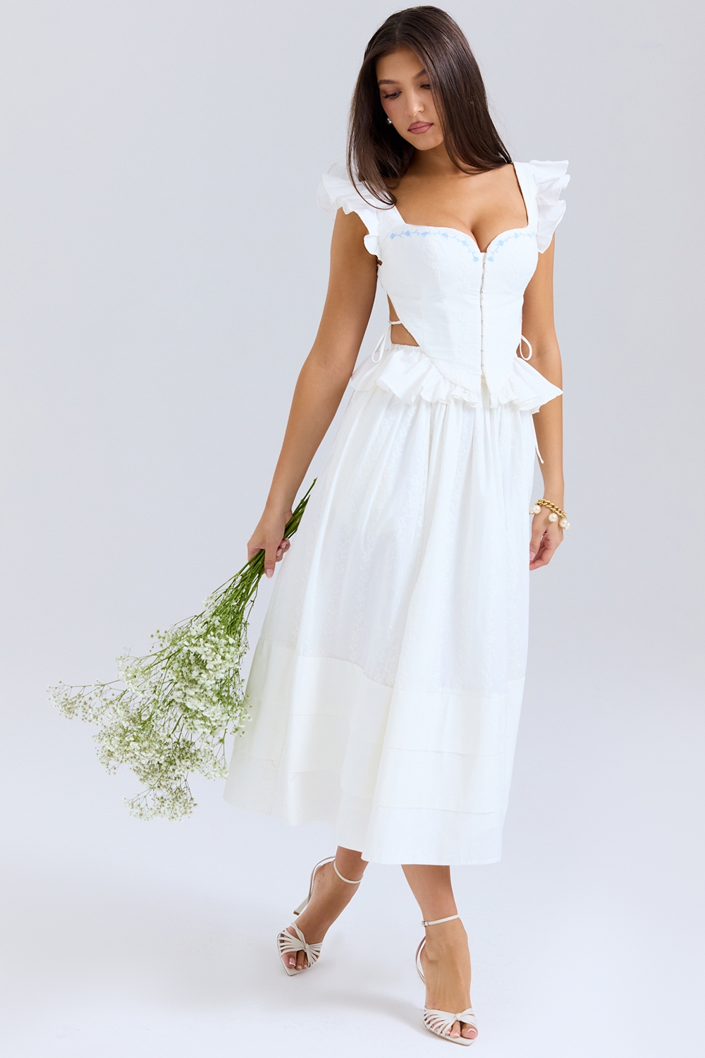 Augustine-White Embroidered Cotton Midi Skirt
