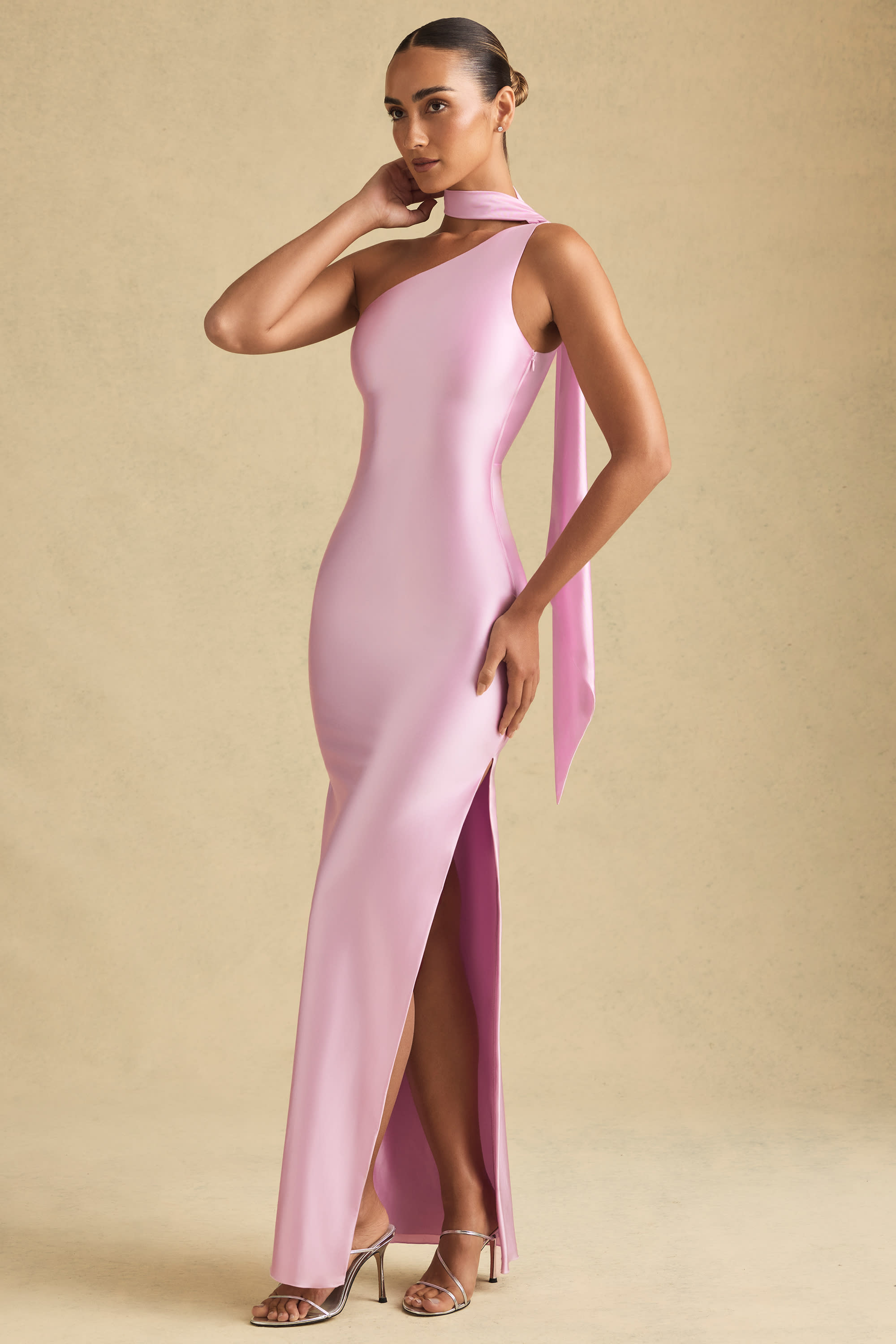 Sheril-Asymmetric Scarf-Detail Maxi Dress in Soft Pink