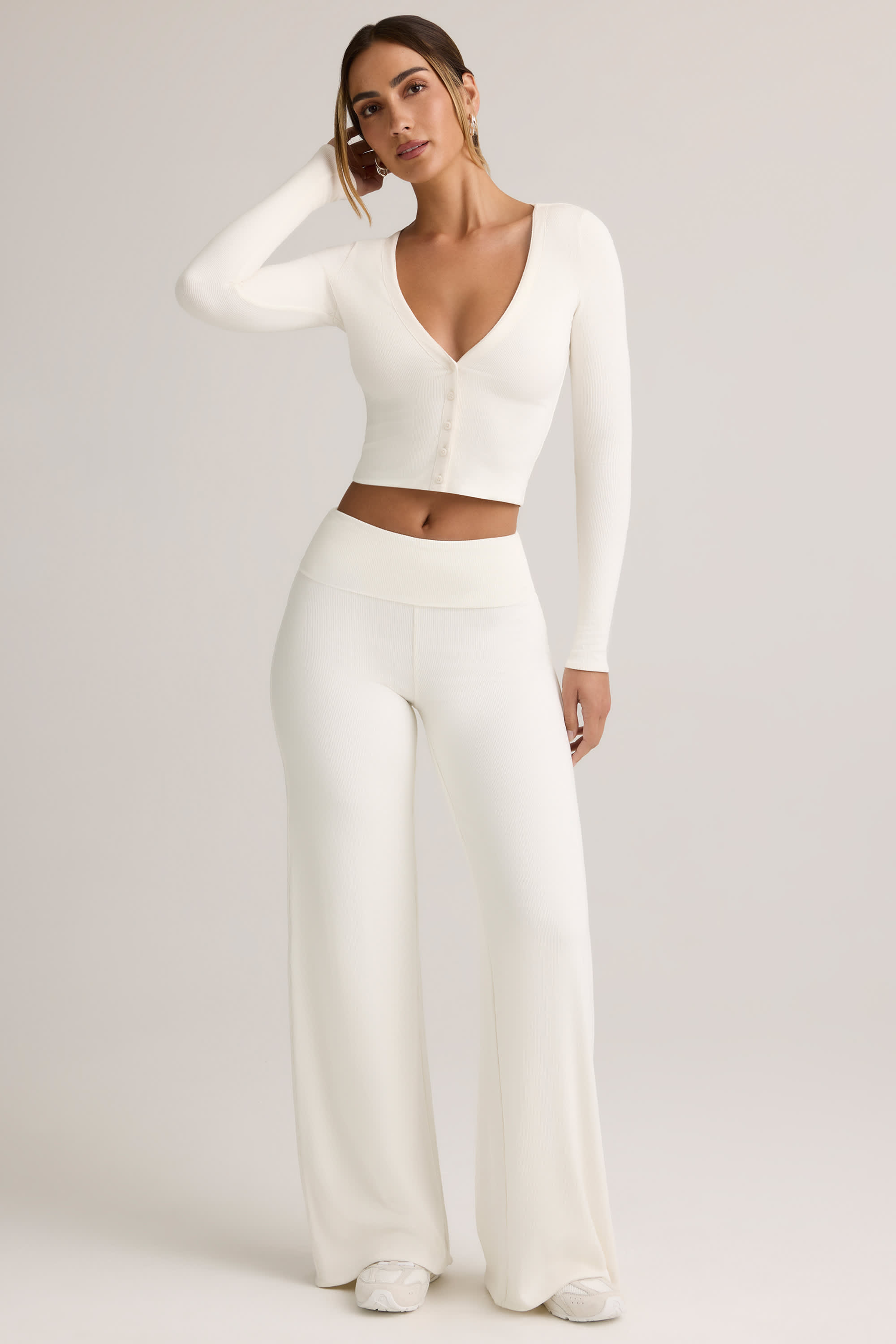 Melida-Modal Foldover Wide-Leg Trousers in White
