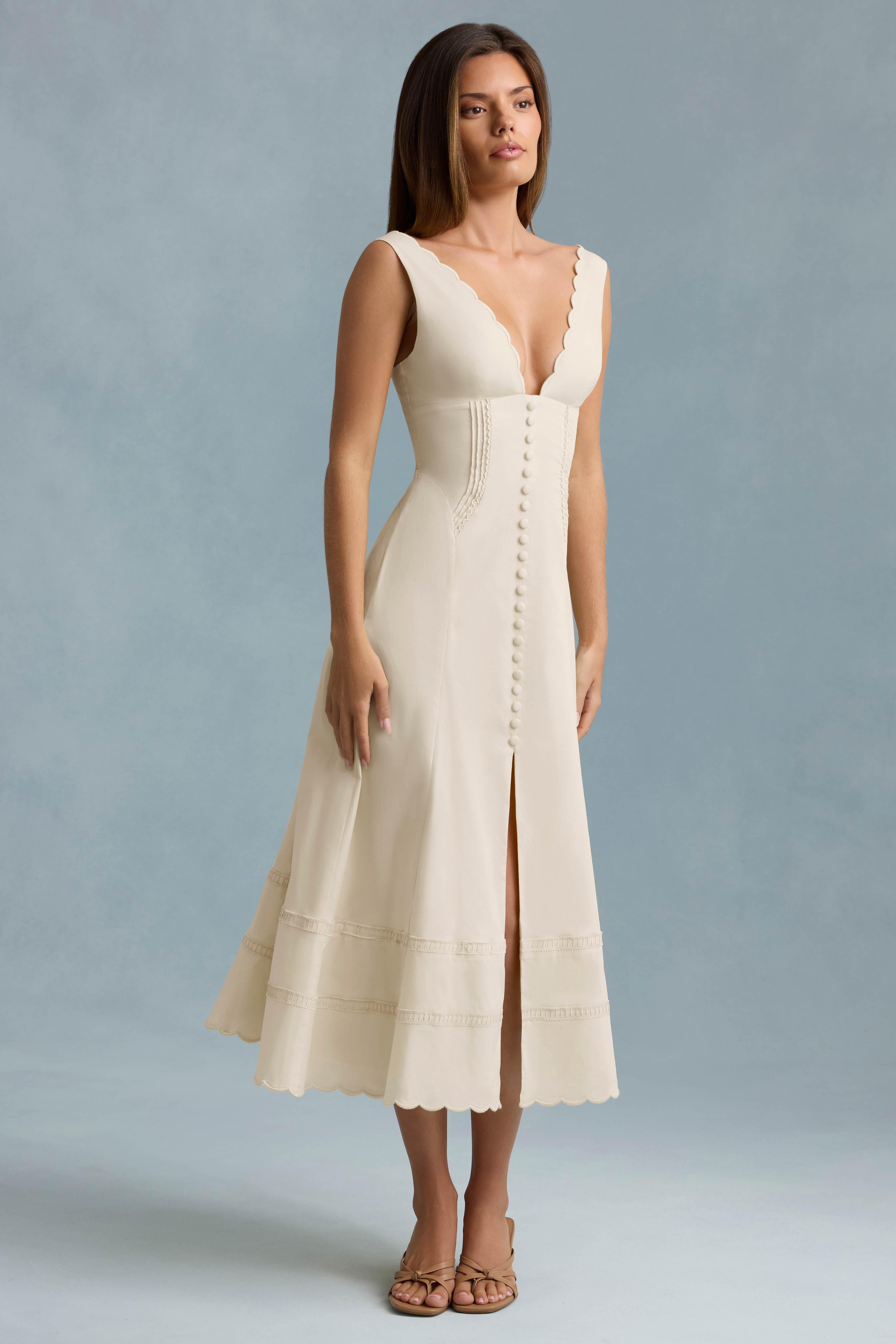 Aralisse-Cotton-Poplin A-Line Midaxi Dress in Ivory