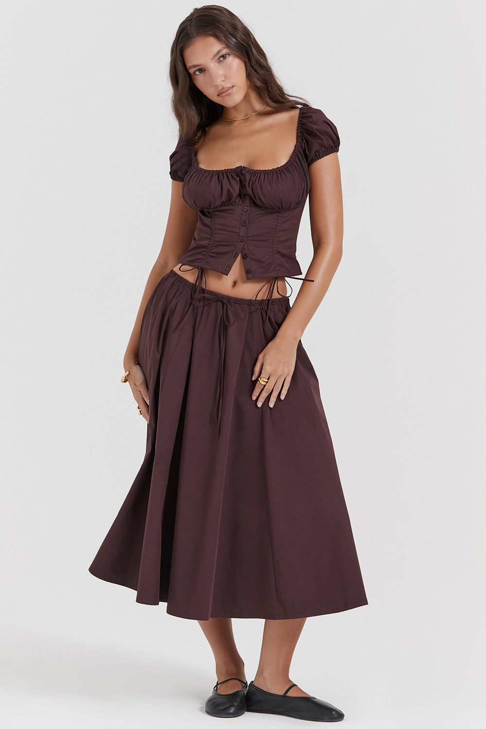 Cora-Rich Brown Gathered Midi Skirt