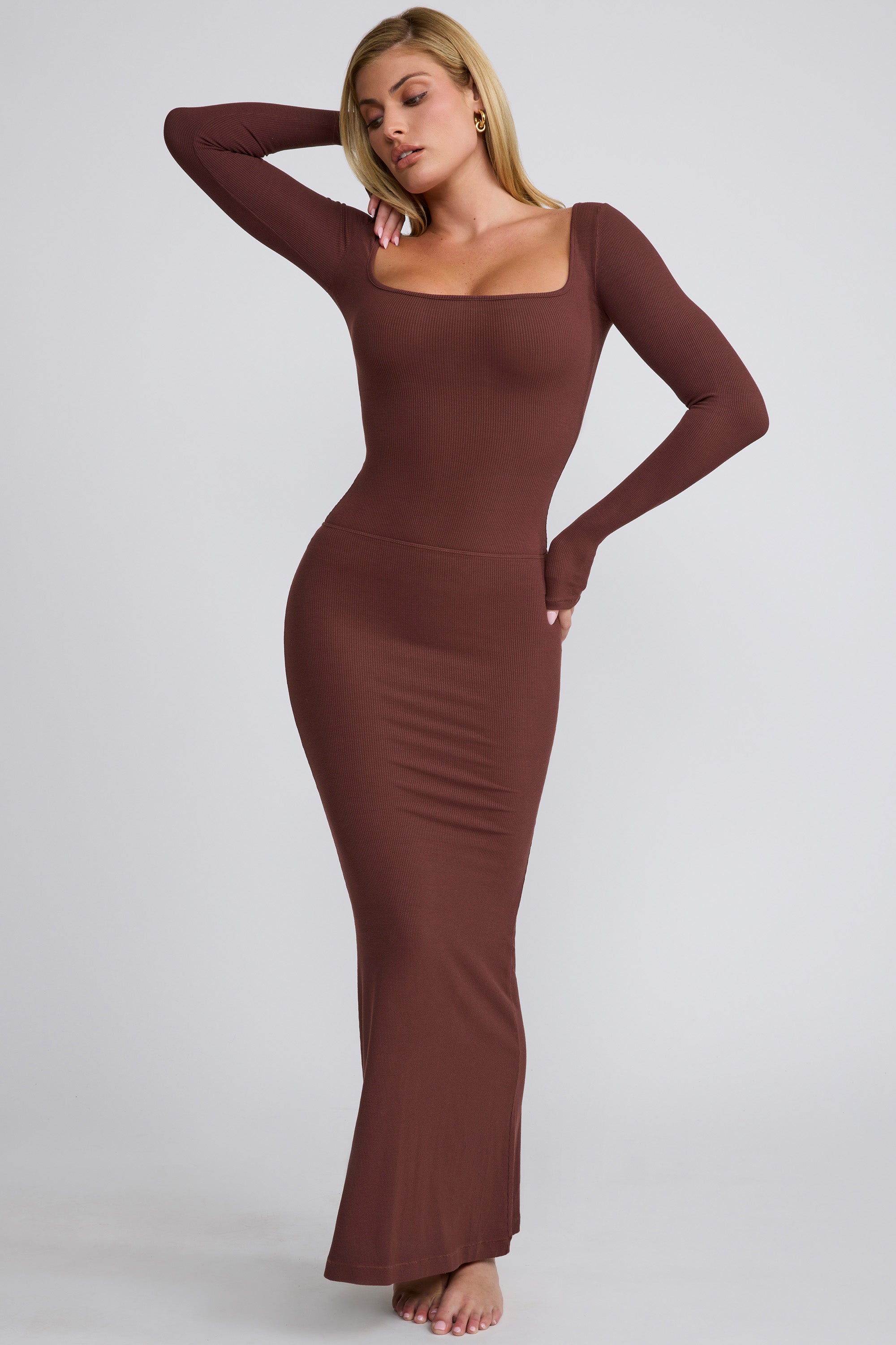 Tia-Ribbed Modal  Long Sleeve Top in Chocolate