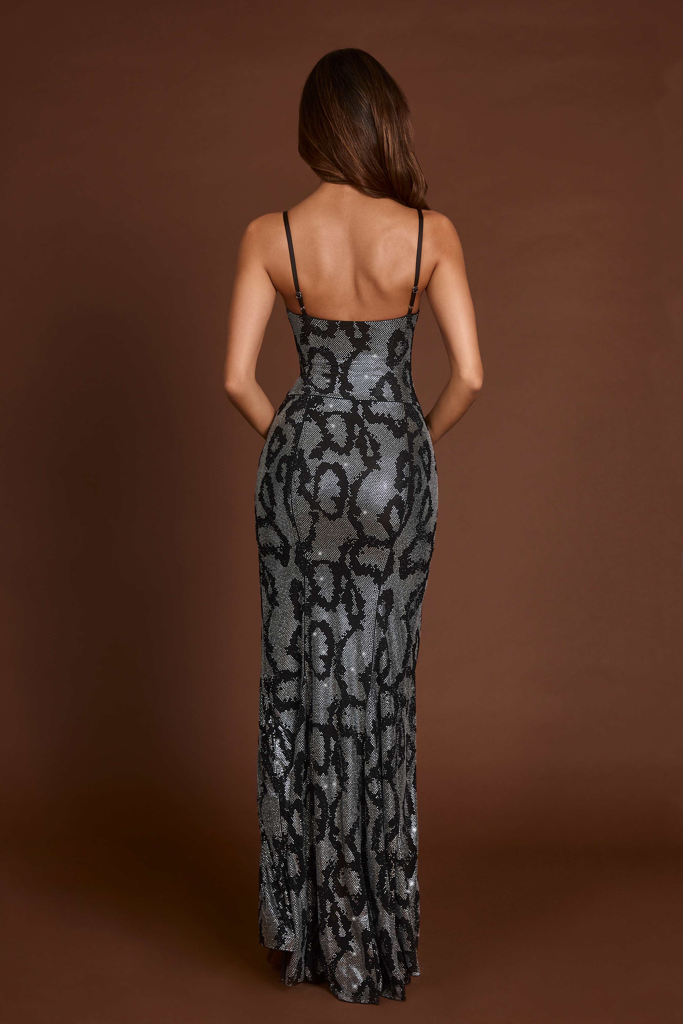 Velia-Embellished Peekaboo Cowl-Neck Dress in Silver Snake