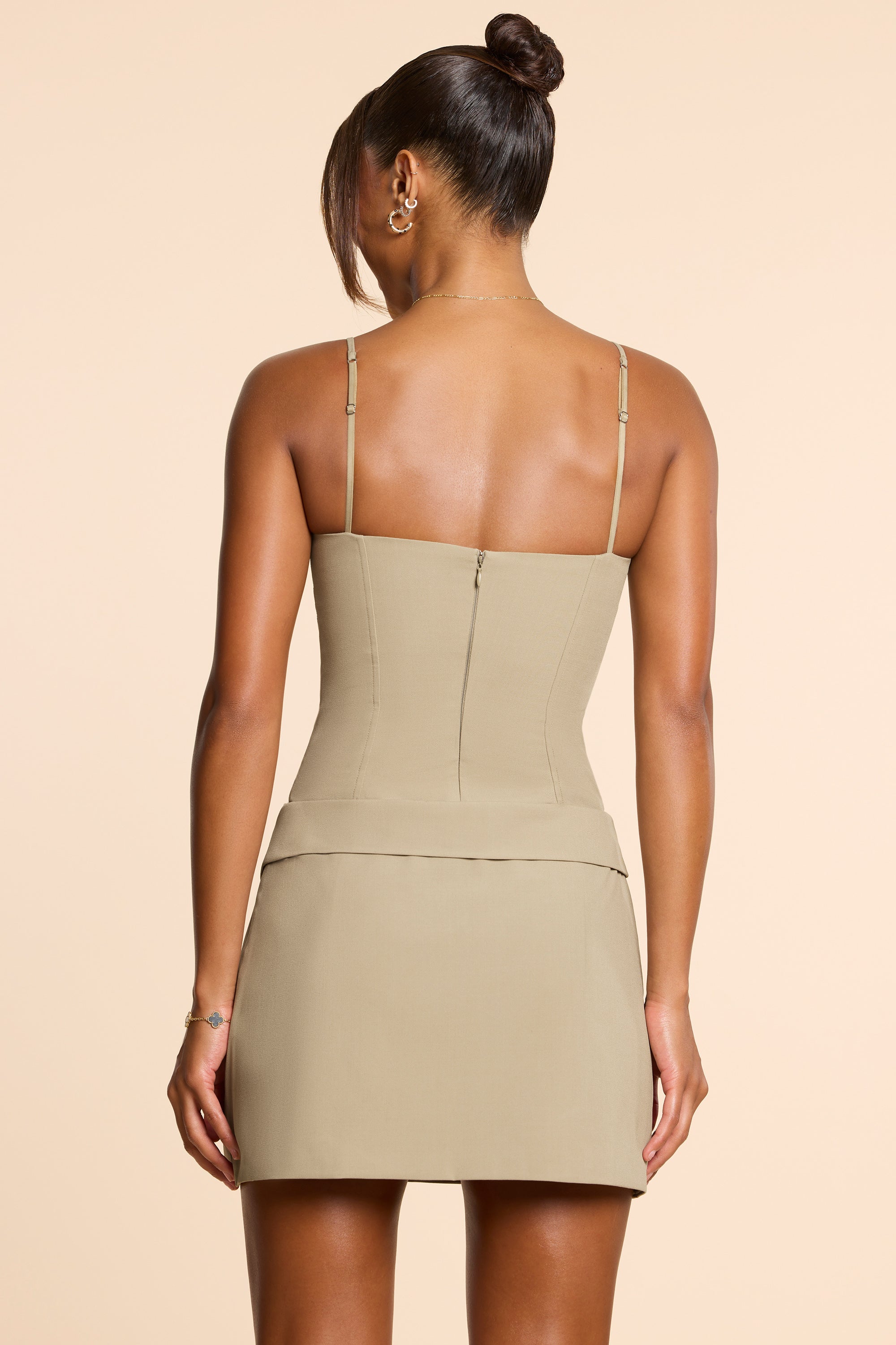 Bruna-Woven Twill Wrap Over Pleated Mini Dress in Taupe