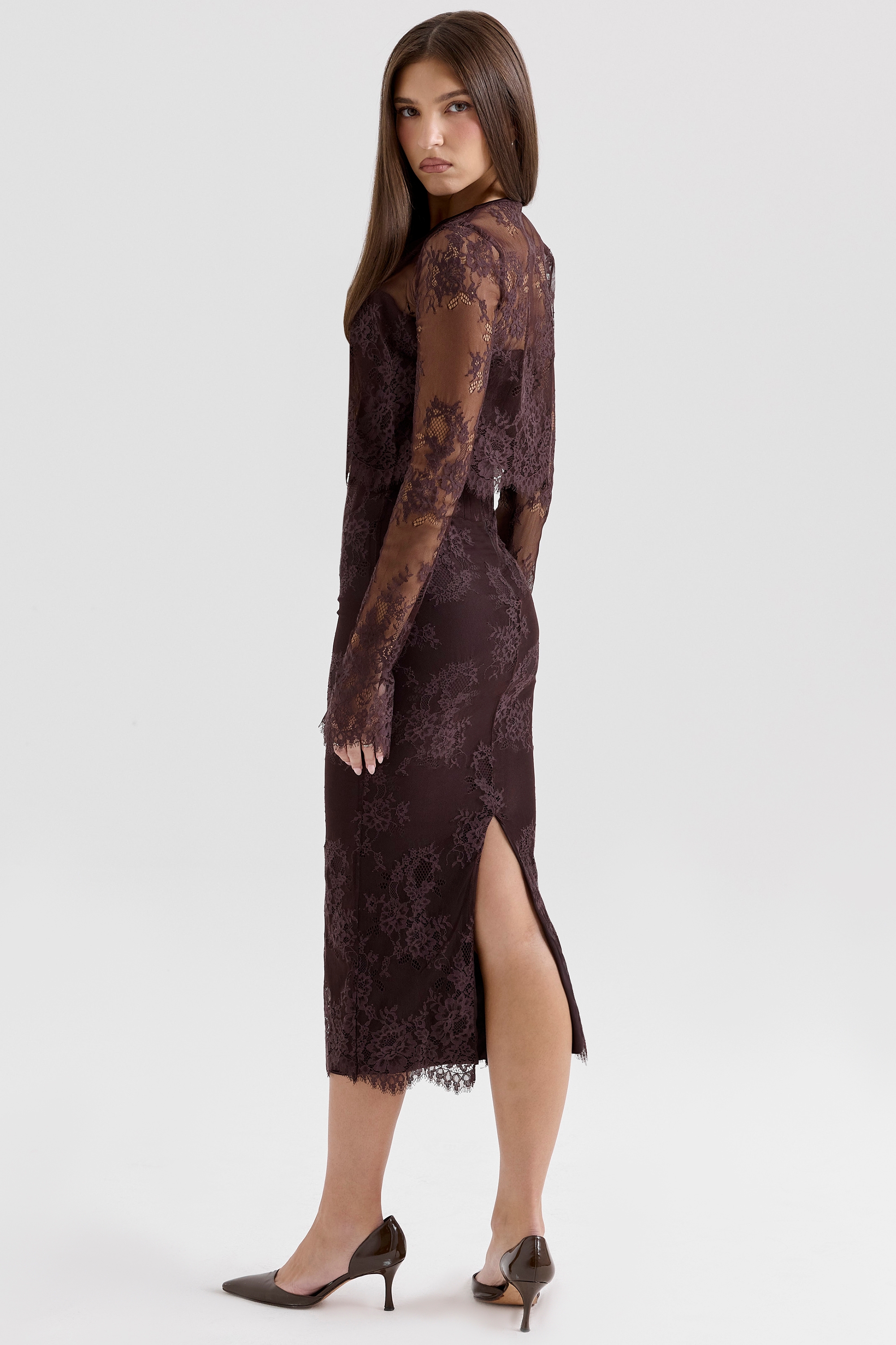 Larra-Bitter Chocolate Lace Corset Midi Dress & Bolero