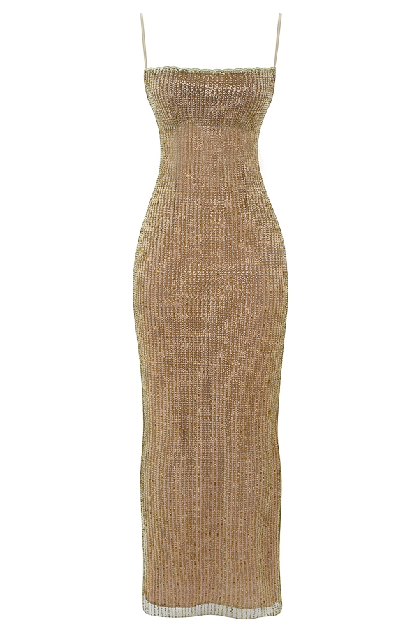 Alondra-Cafe Au Lait Beaded Maxi Dress - Limited Edition