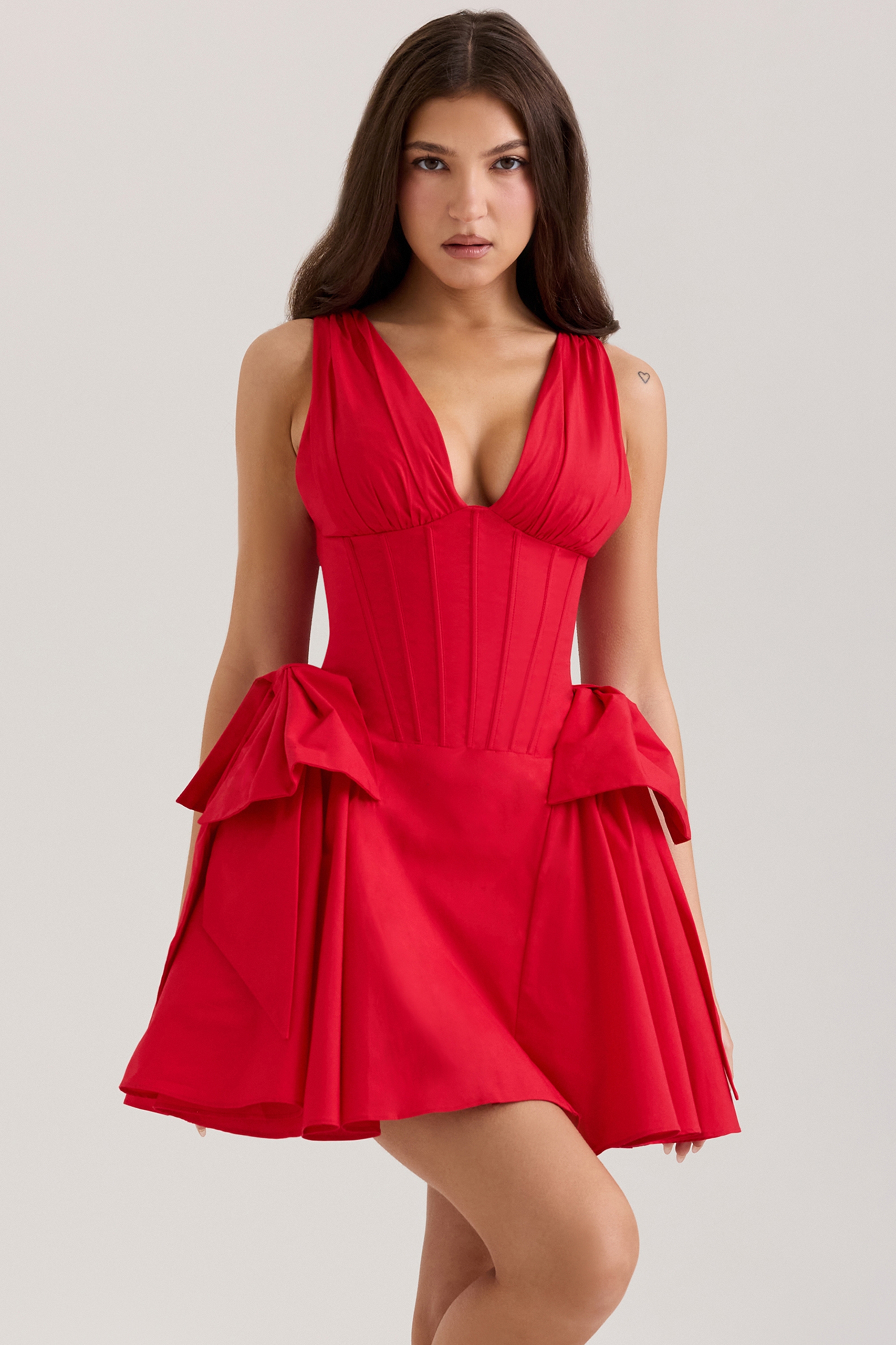 Amalia-Red Cotton Bow Mini Dress