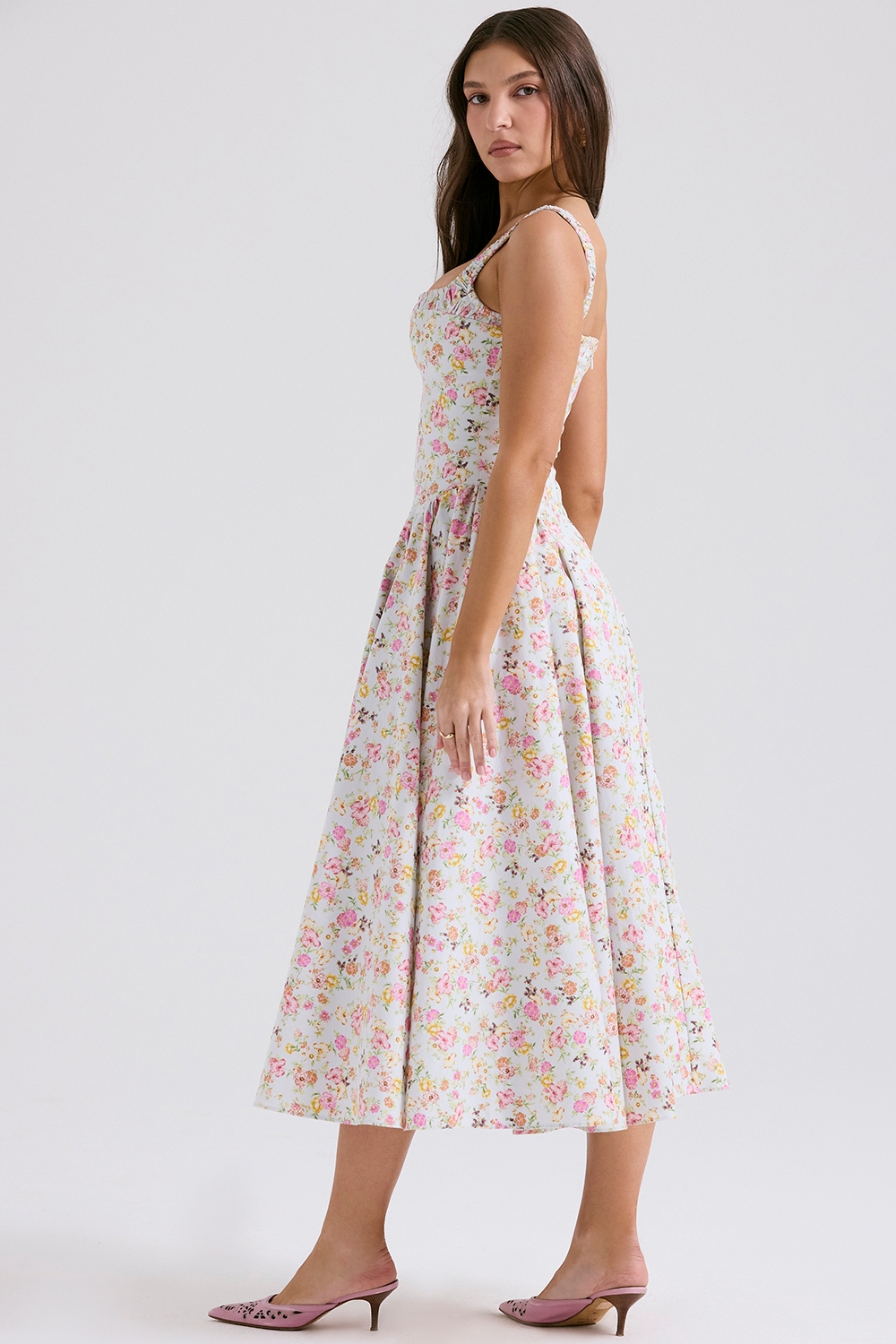 Dorothy-Pale Blue Meadow Print Cotton Midi Sundress