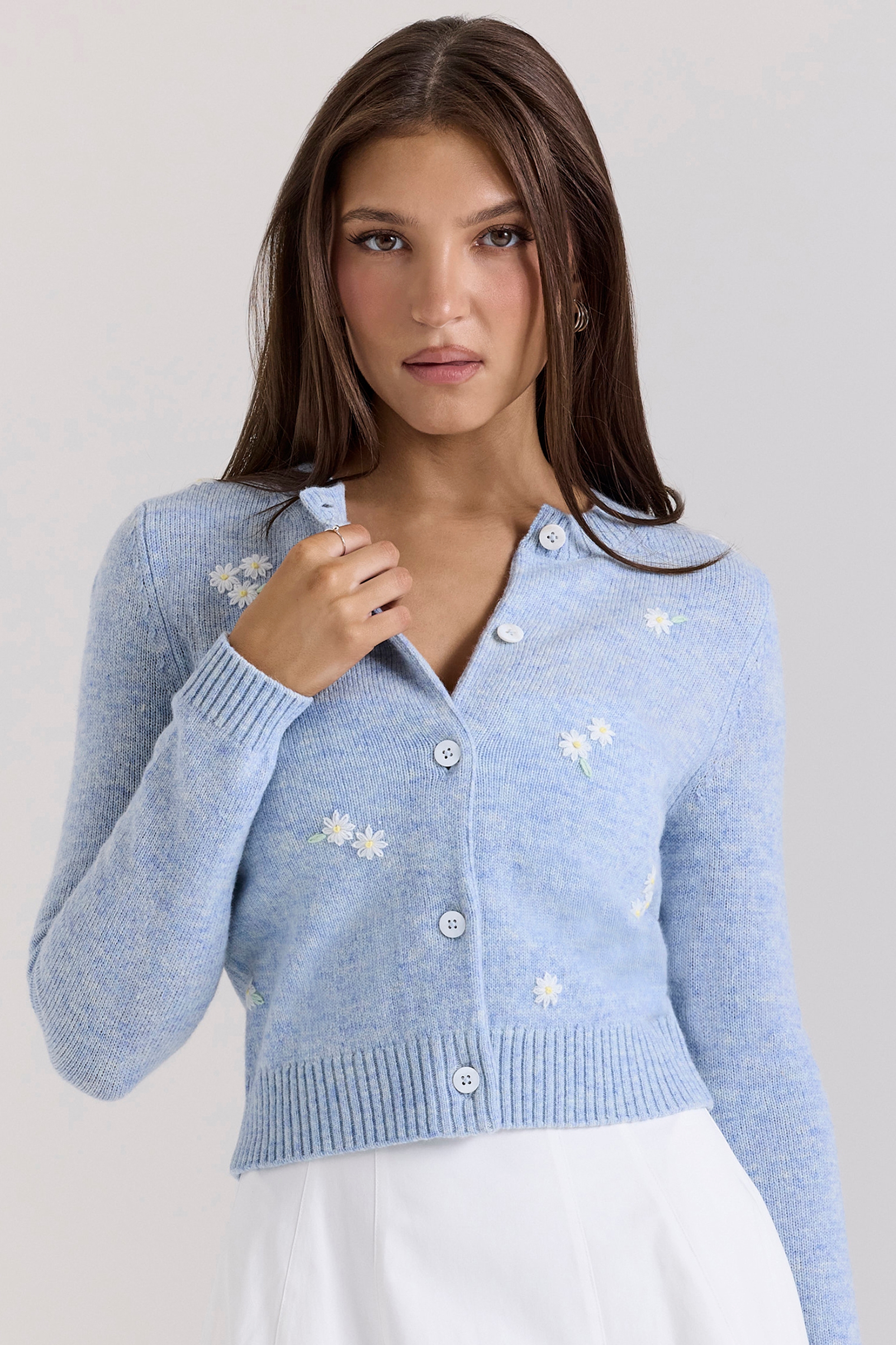 Atheia-Blue Lambswool Floral Embroidered Cardigan