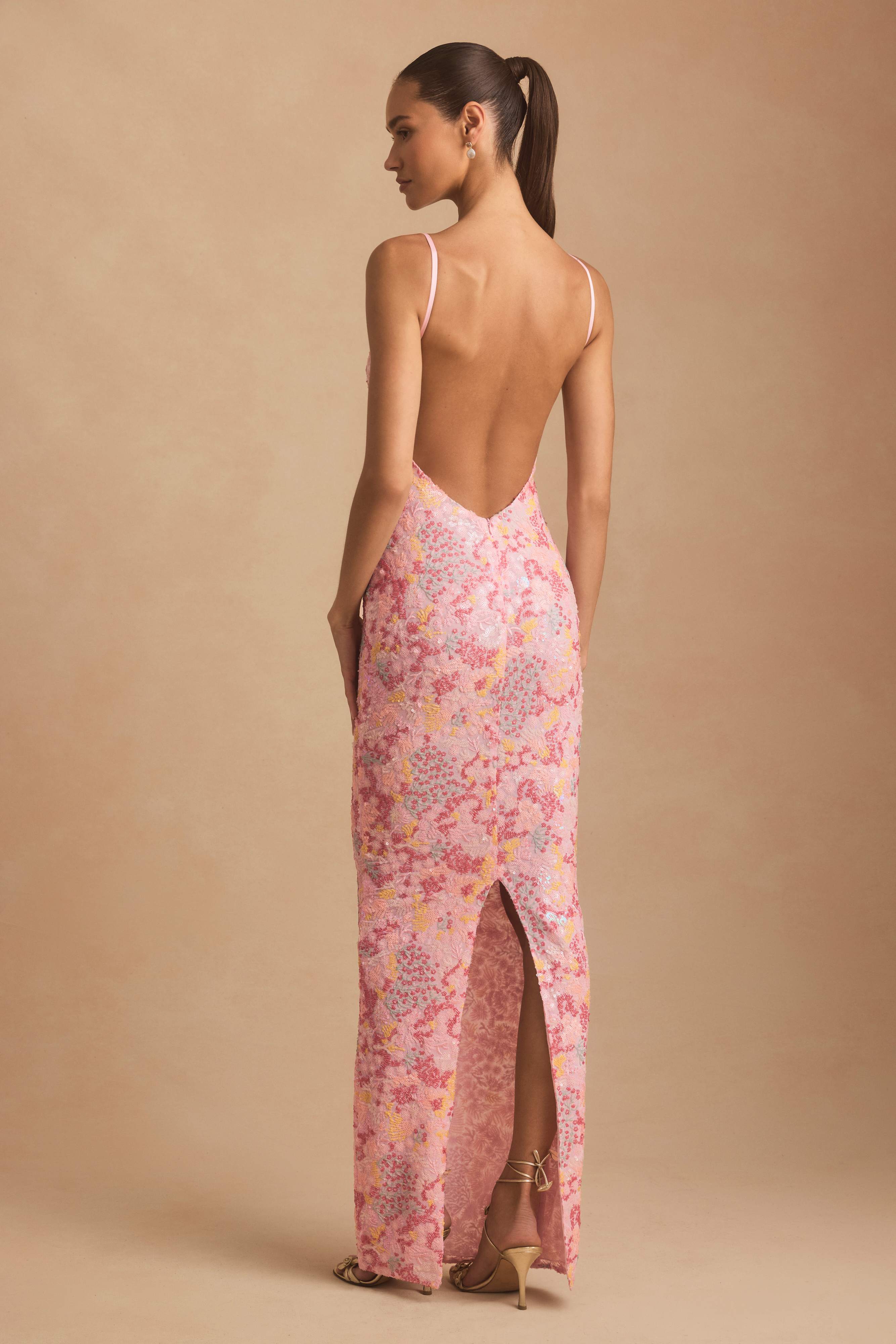 Tavira-Embellished Scoop-Neck Backless Maxi Dress in Pink