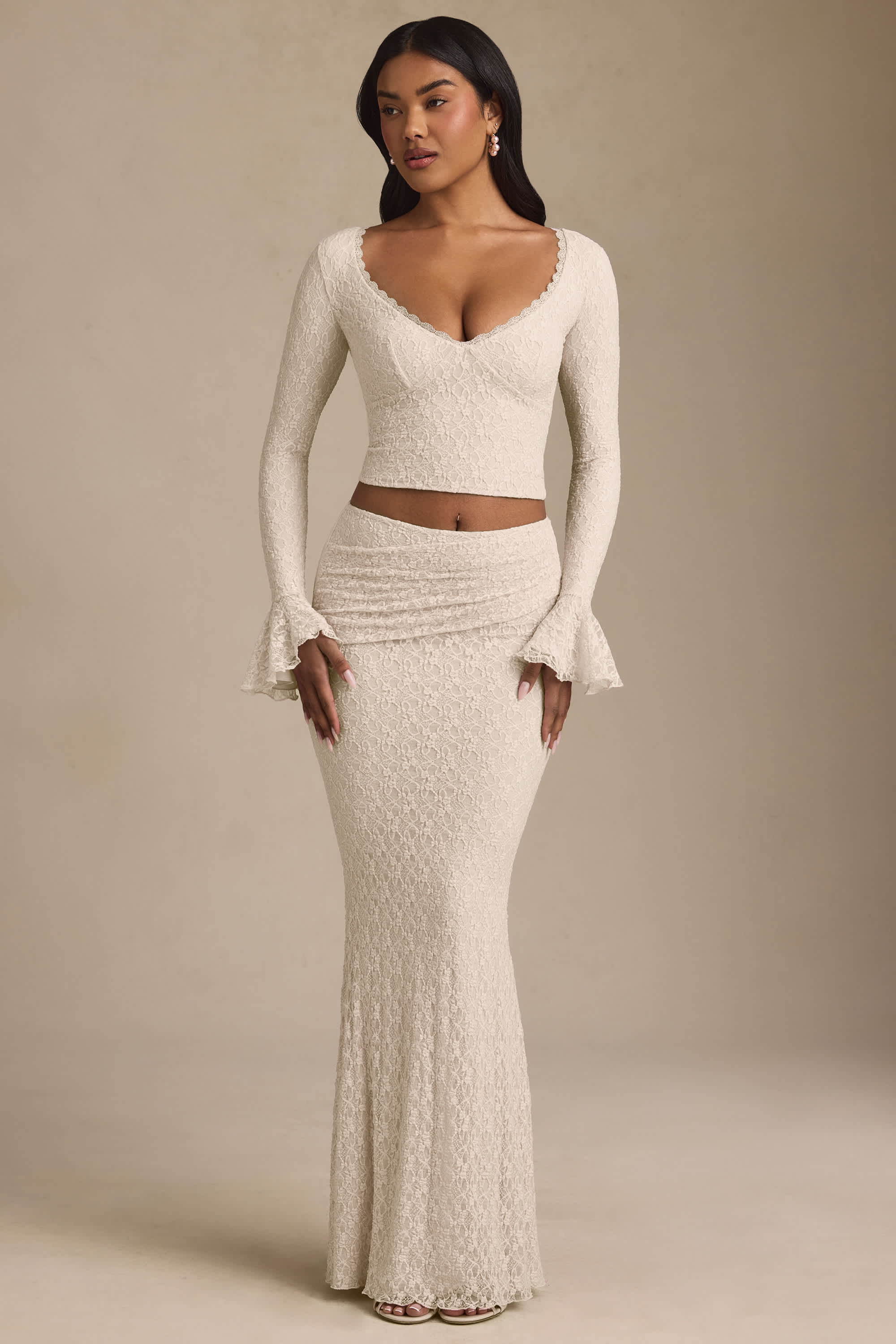 Vanda-Draped Low-Rise Lace Maxi Skirt in Ivory