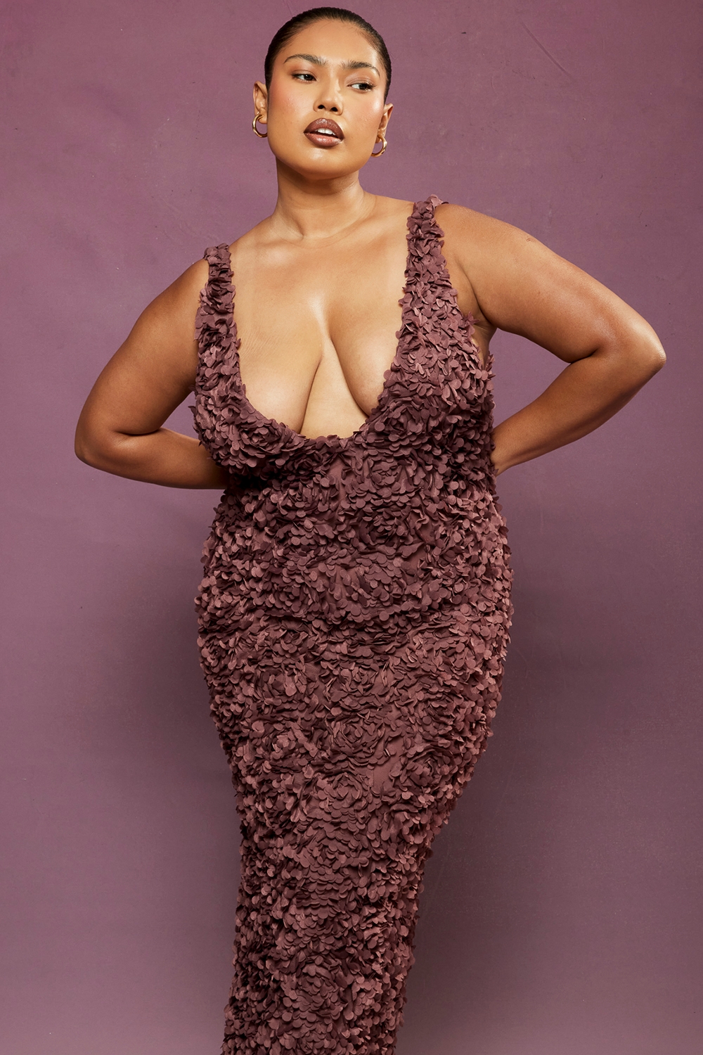 Carena-Merlot Plunge Floral Appliqué Maxi Dress