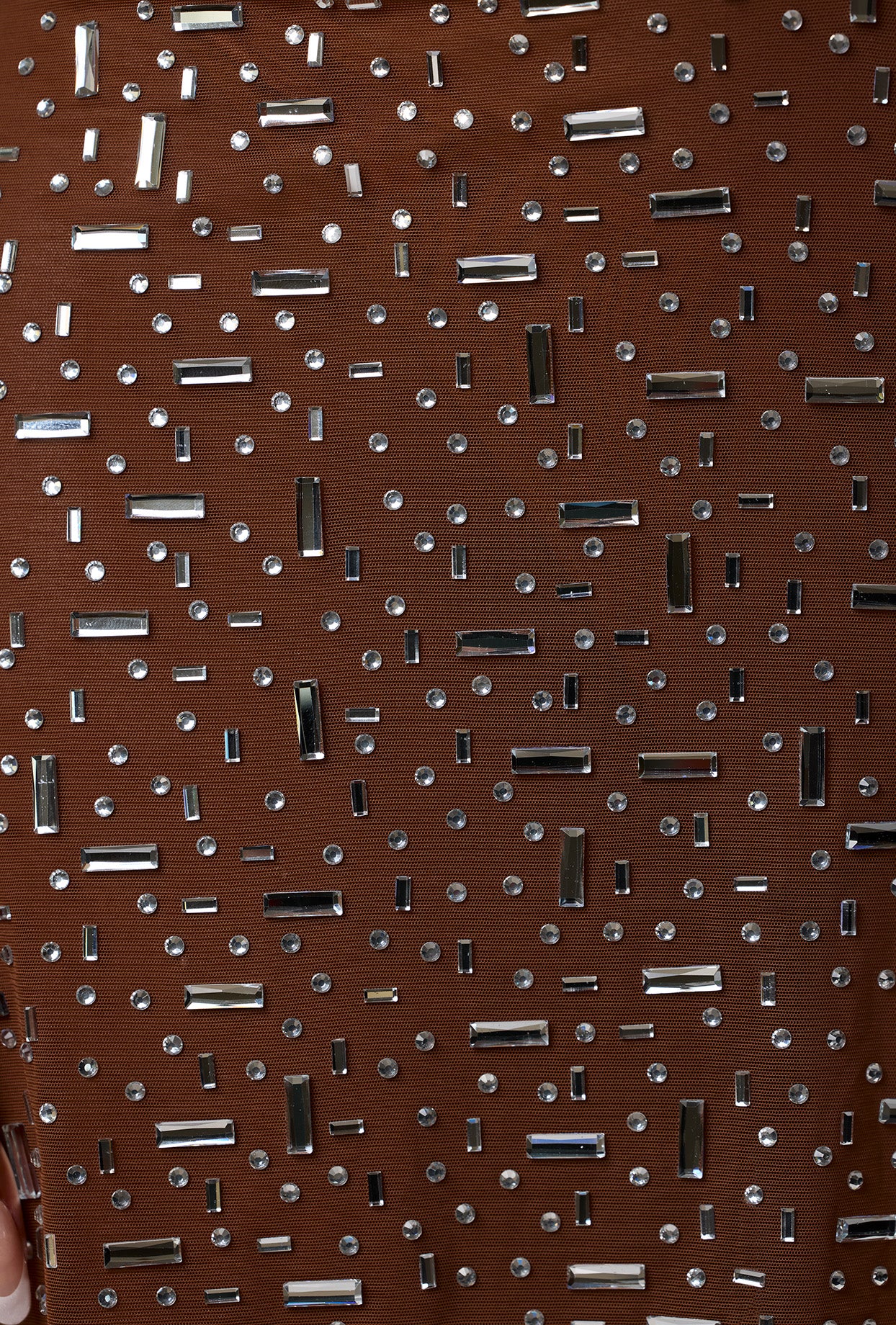 Thalassa-Sheer Embellished V Waist Mini Skirt in Mocha