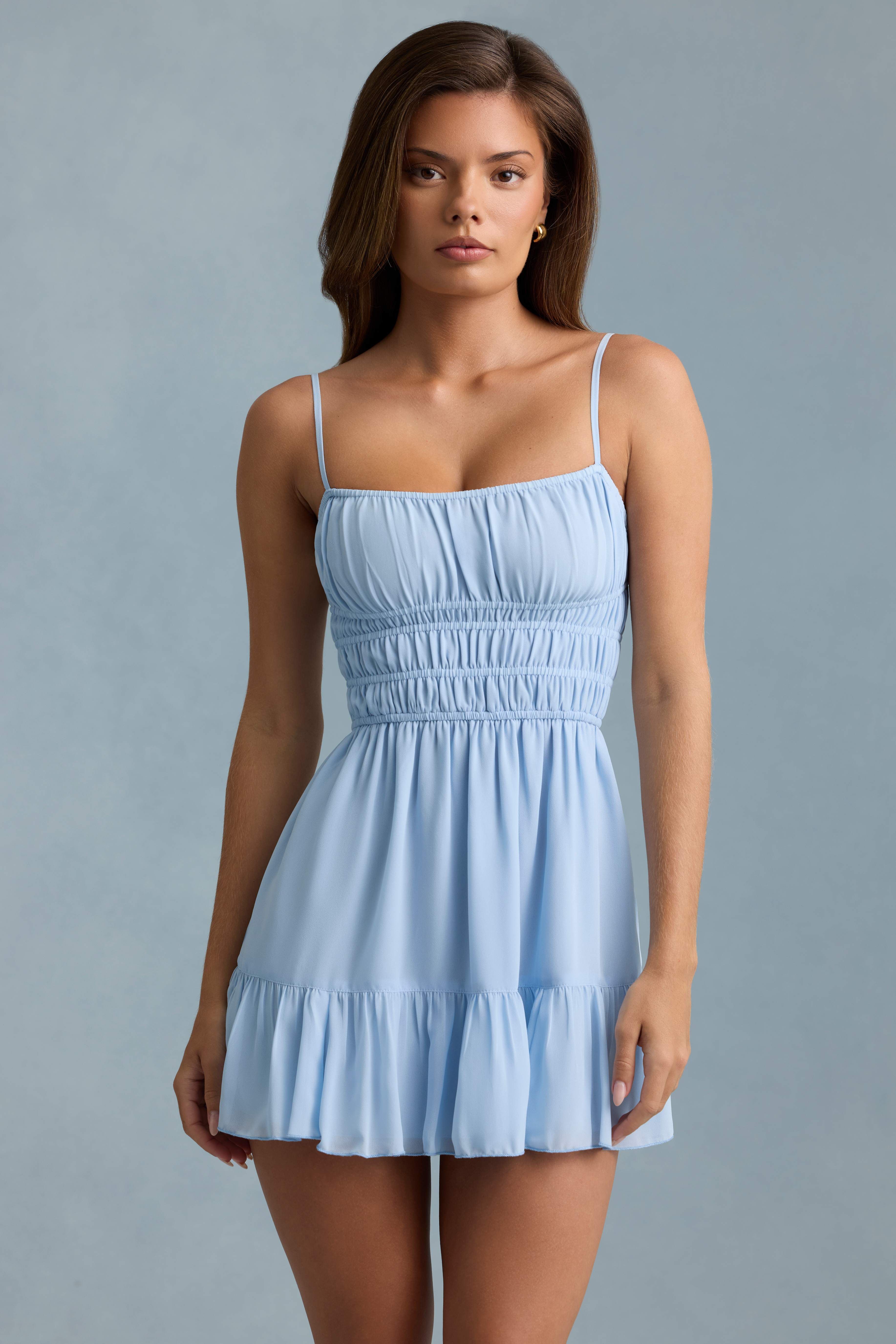 Tessara-Shirred Camisole Mini Dress in Sky Blue