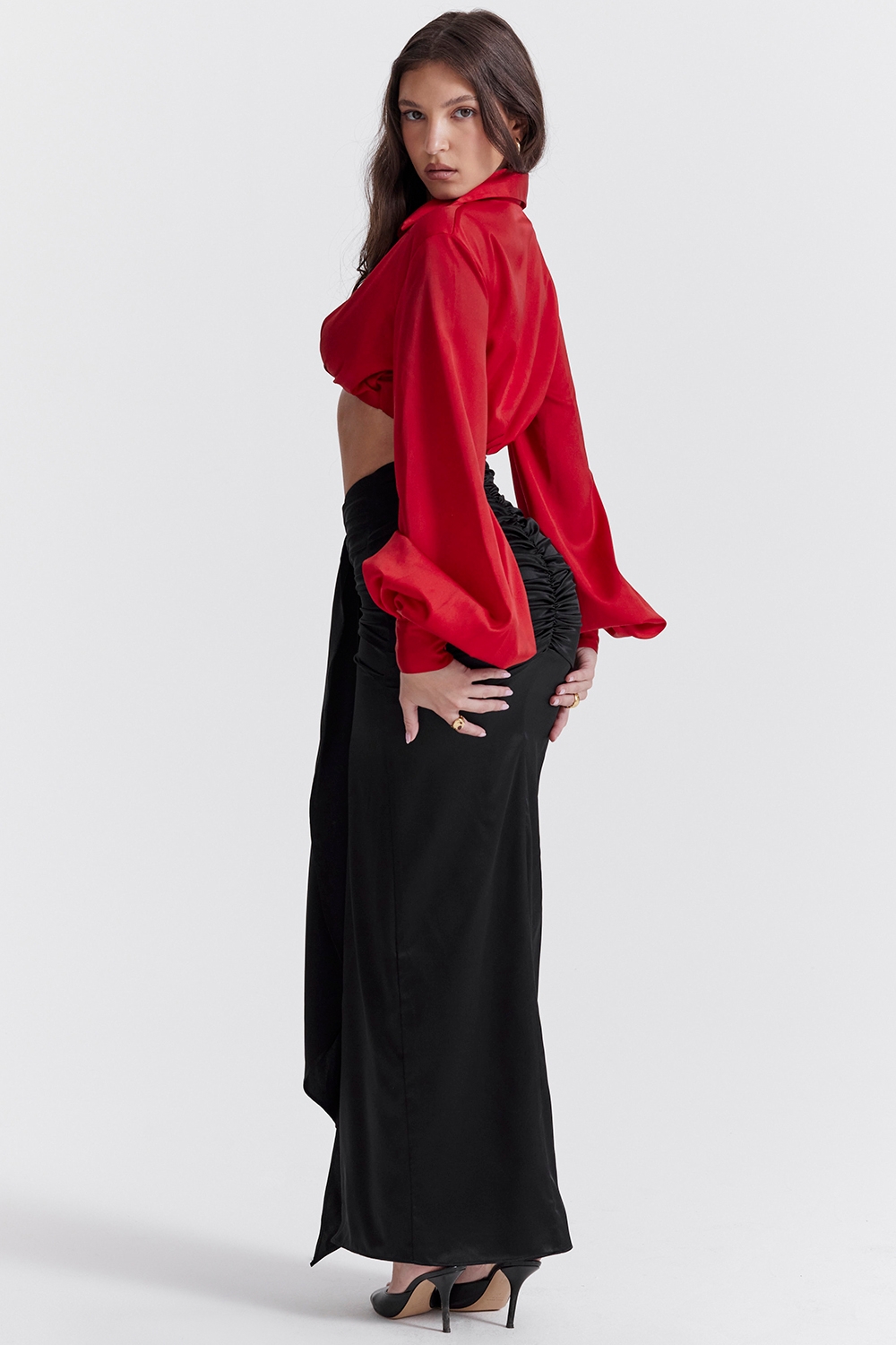 Arla-Black Draped Silk Maxi Skirt