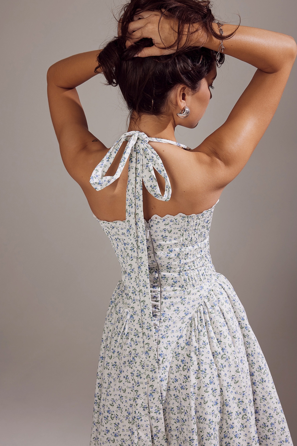 Adabella-White Bluebell Print Cotton Halter Sundress