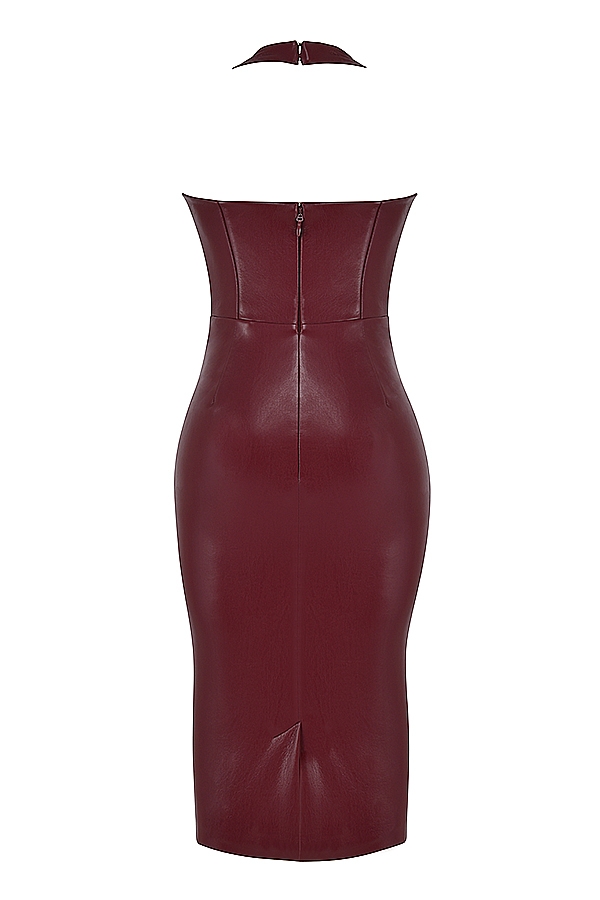 Jaquetta-Wine Vegan Leather Midi Dress