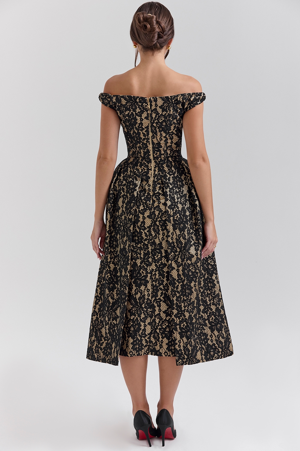 Charming-Black Gold Lace Off Shoulder Midi Gown