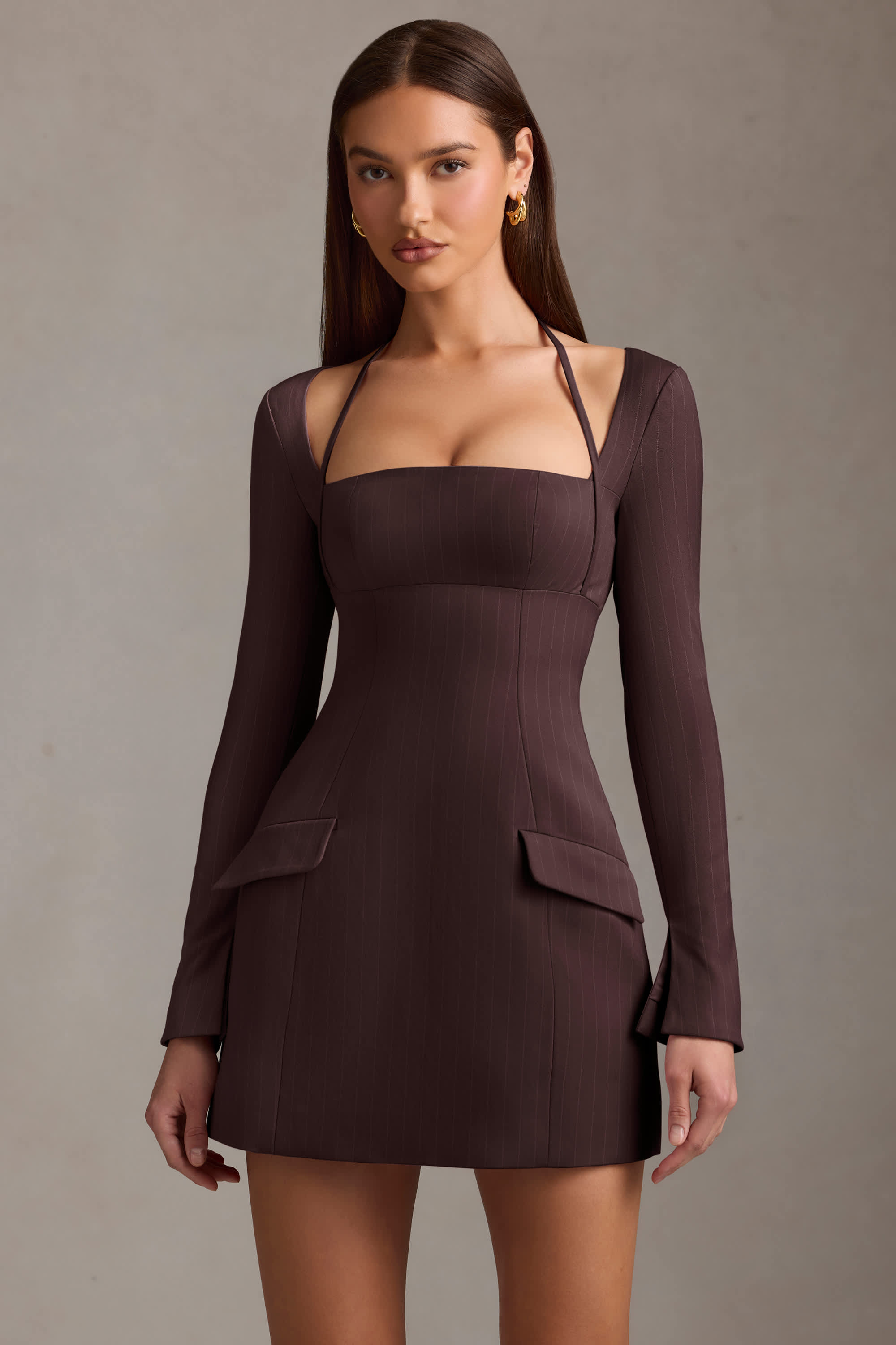 Ksenia-Pinstripe Structured A-Line Mini Dress in Chocolate Brown