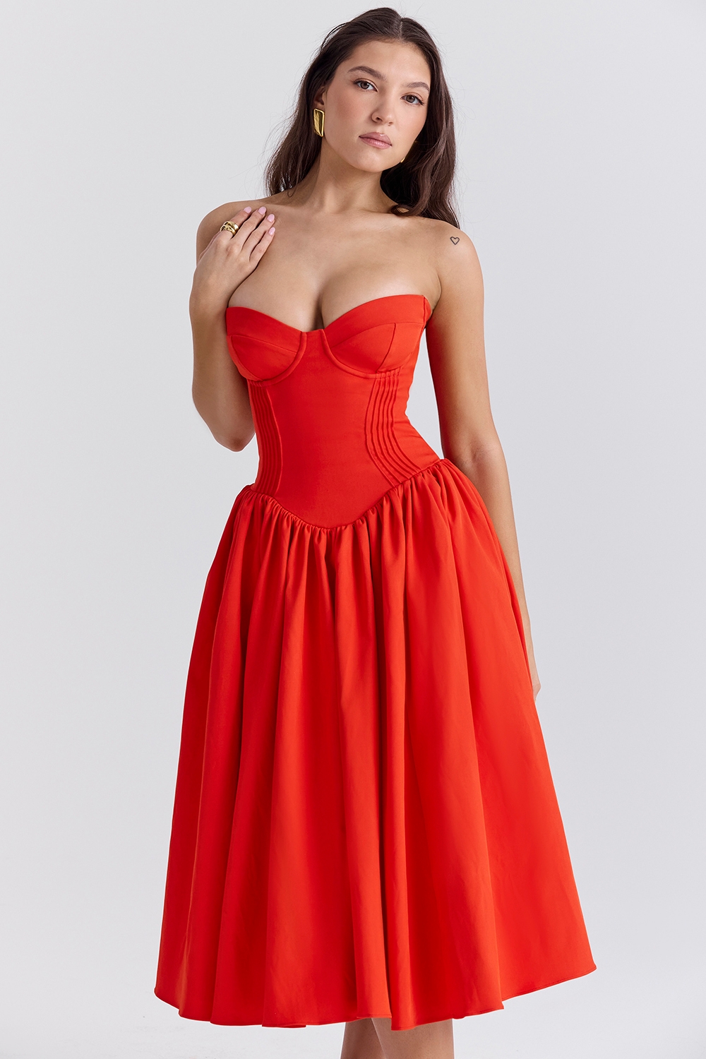 Elizabeth-Italian Tomato Strapless Midi Sundress