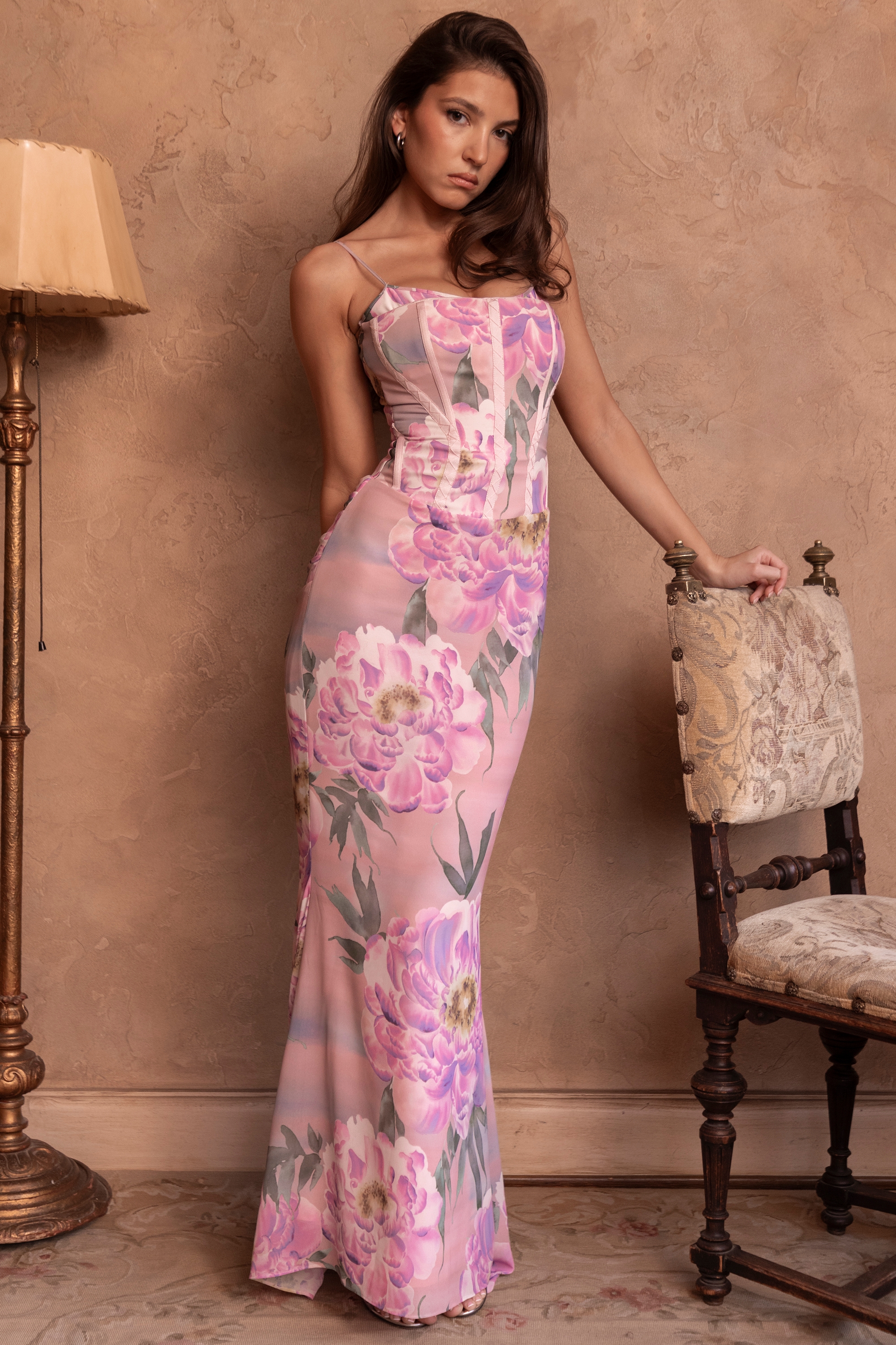 Antonina-Pink Floral Corset Maxi Dress