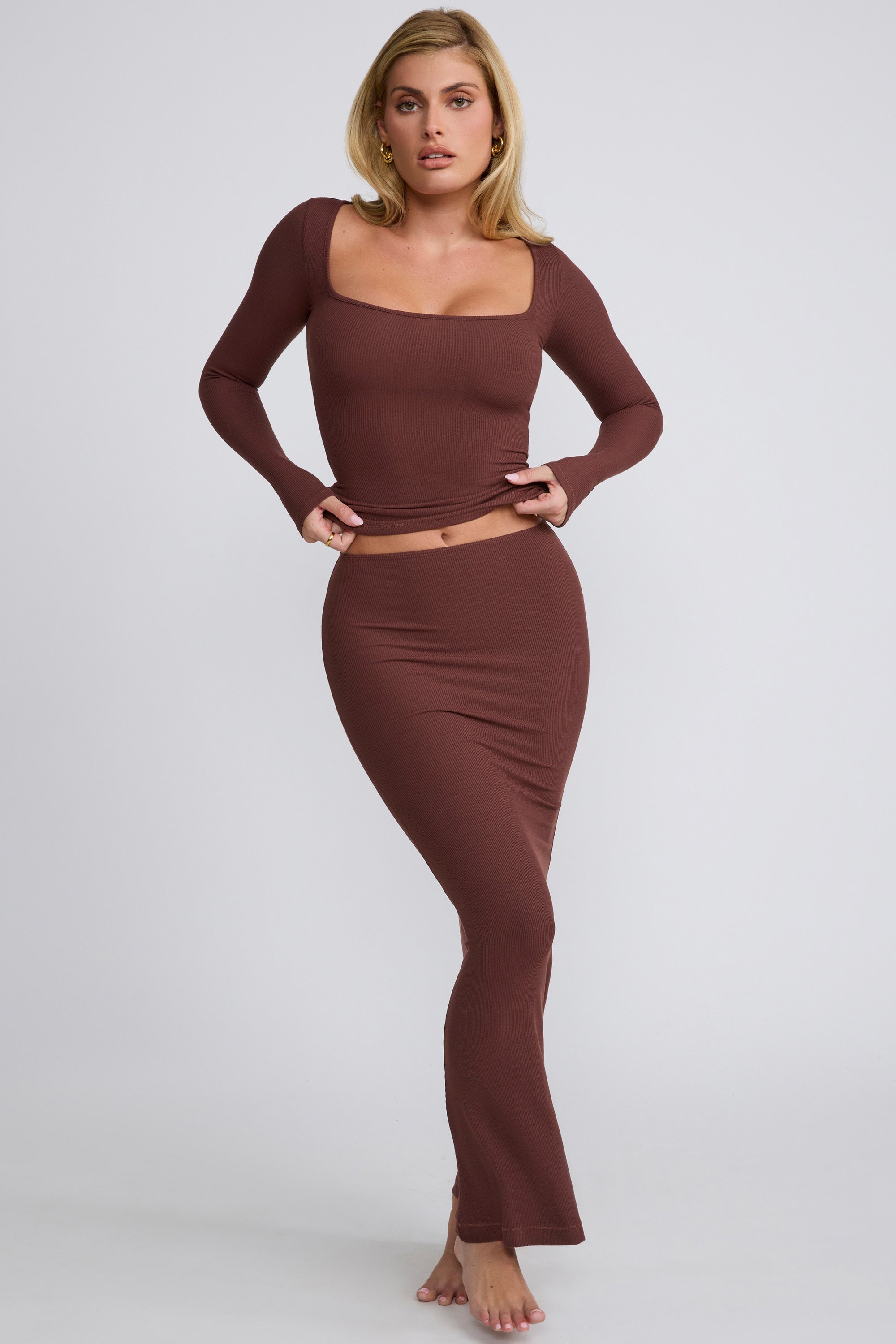 Tia-Ribbed Modal  Long Sleeve Top in Chocolate