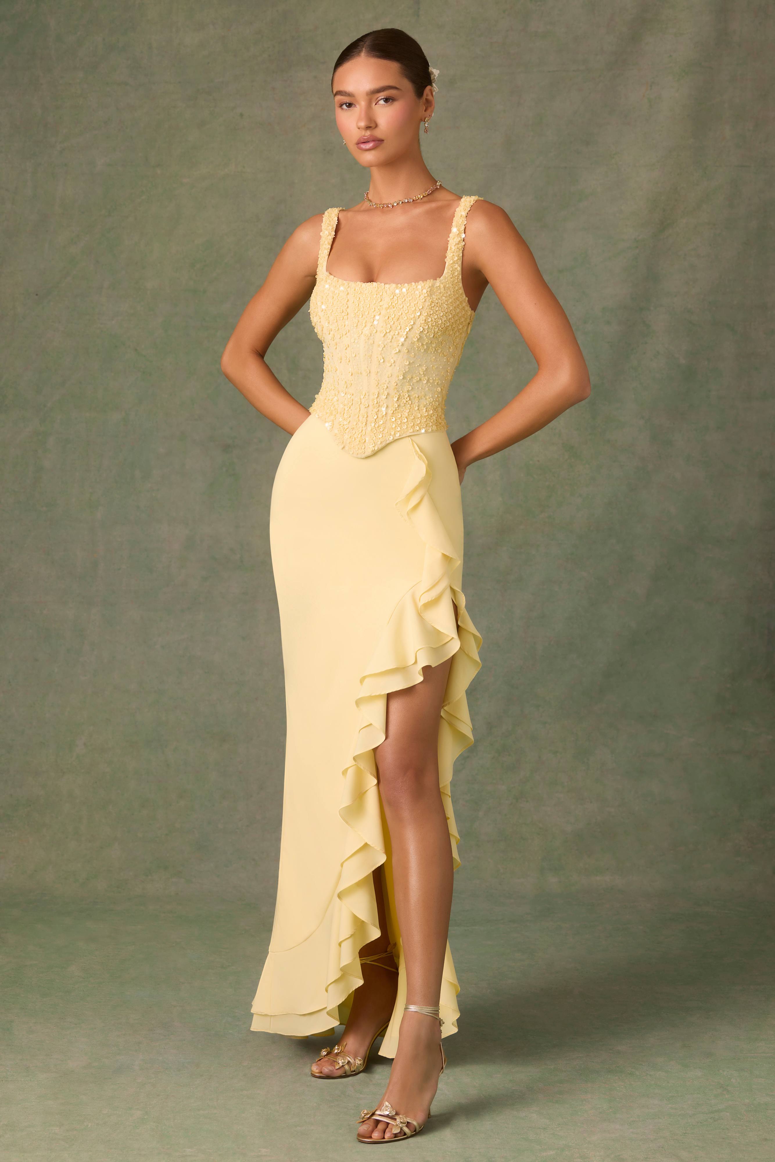 Robina-Embellished Ruffle-Trim Corset Gown in Yellow