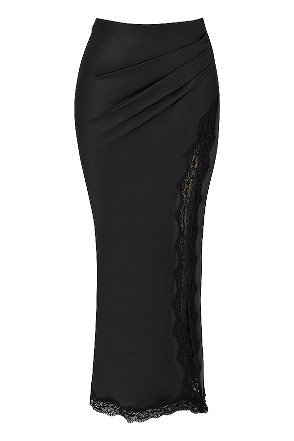 Ruby-Black Satin Lace Trim Midi Skirt
