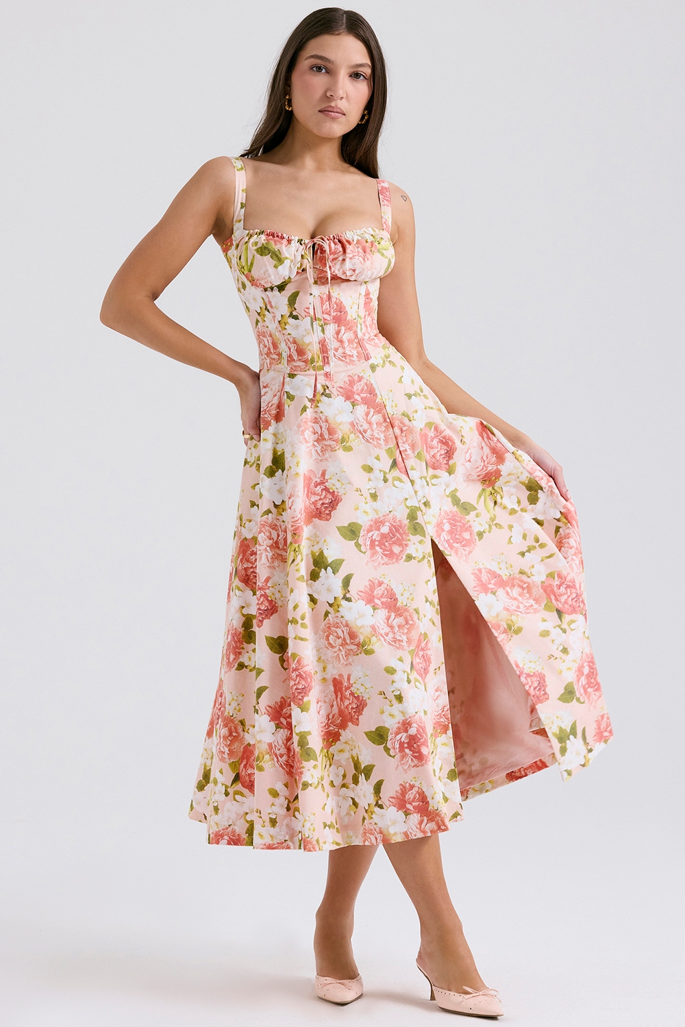 Carmen-Pink Peony Print Cotton Bustier Sundress