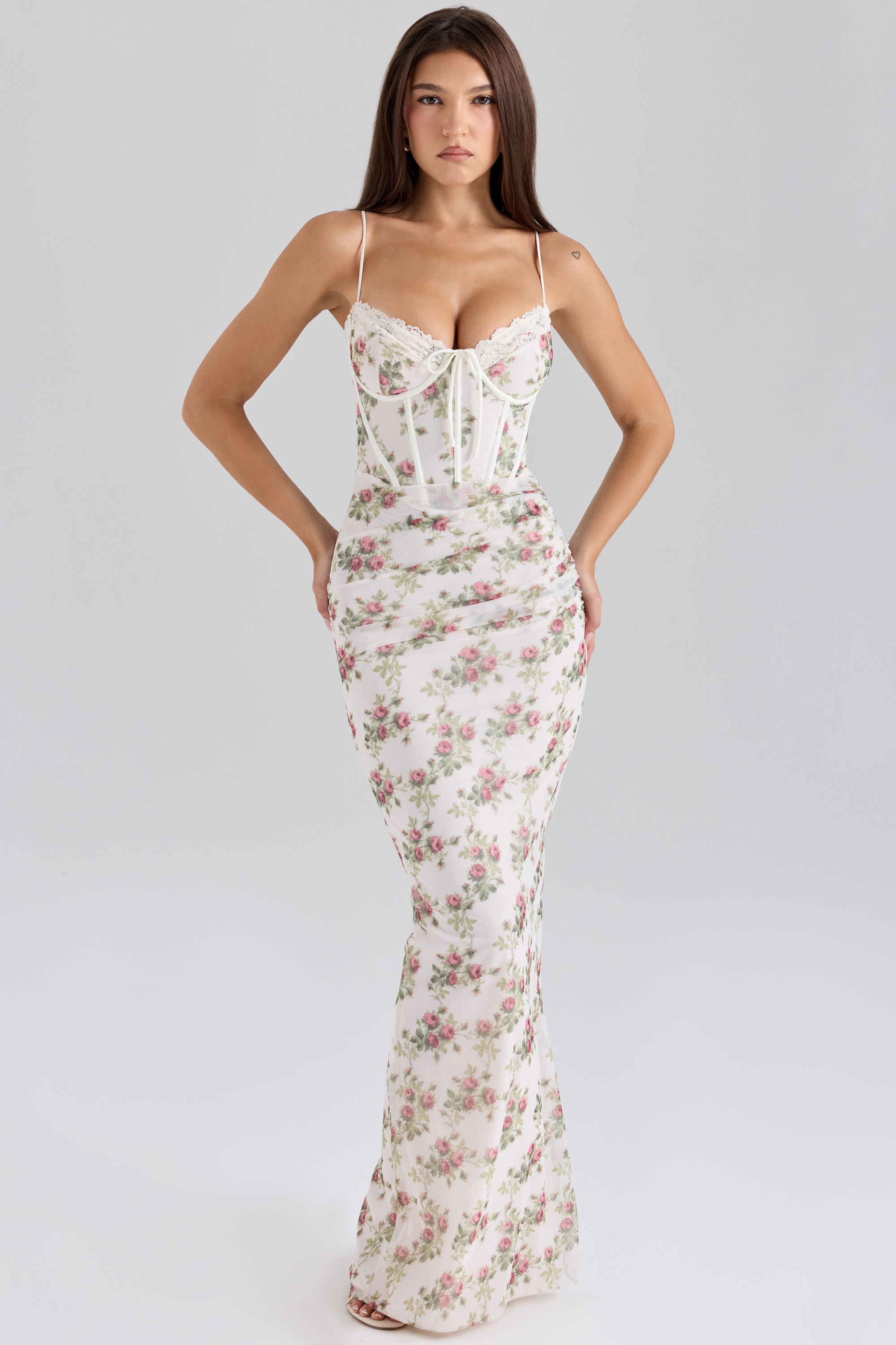 Calista-Cream Rose Print Mesh Maxi Dress
