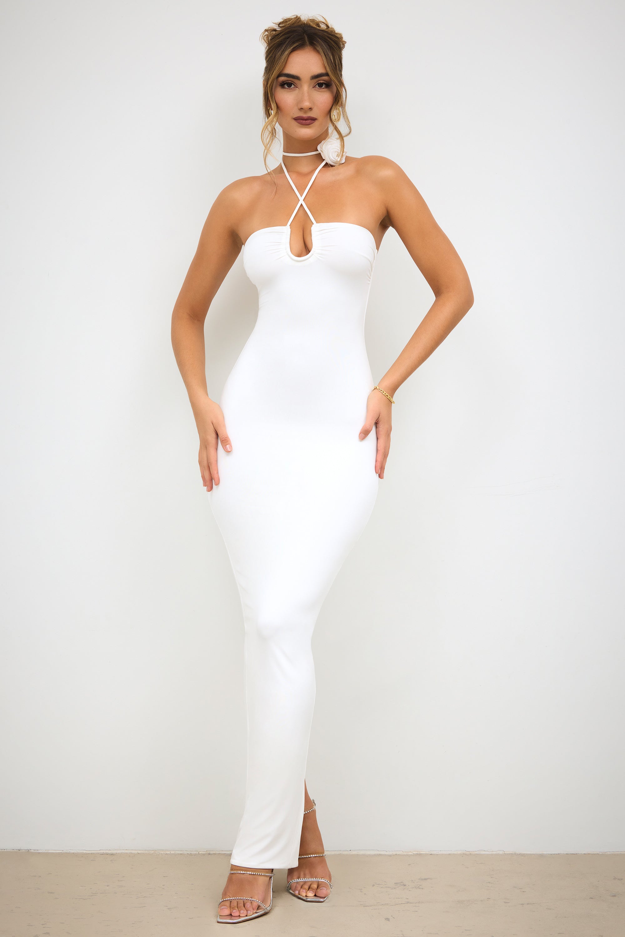 Vasara-Slinky Jersey Rose Detail Halter Neck Maxi Dress in White