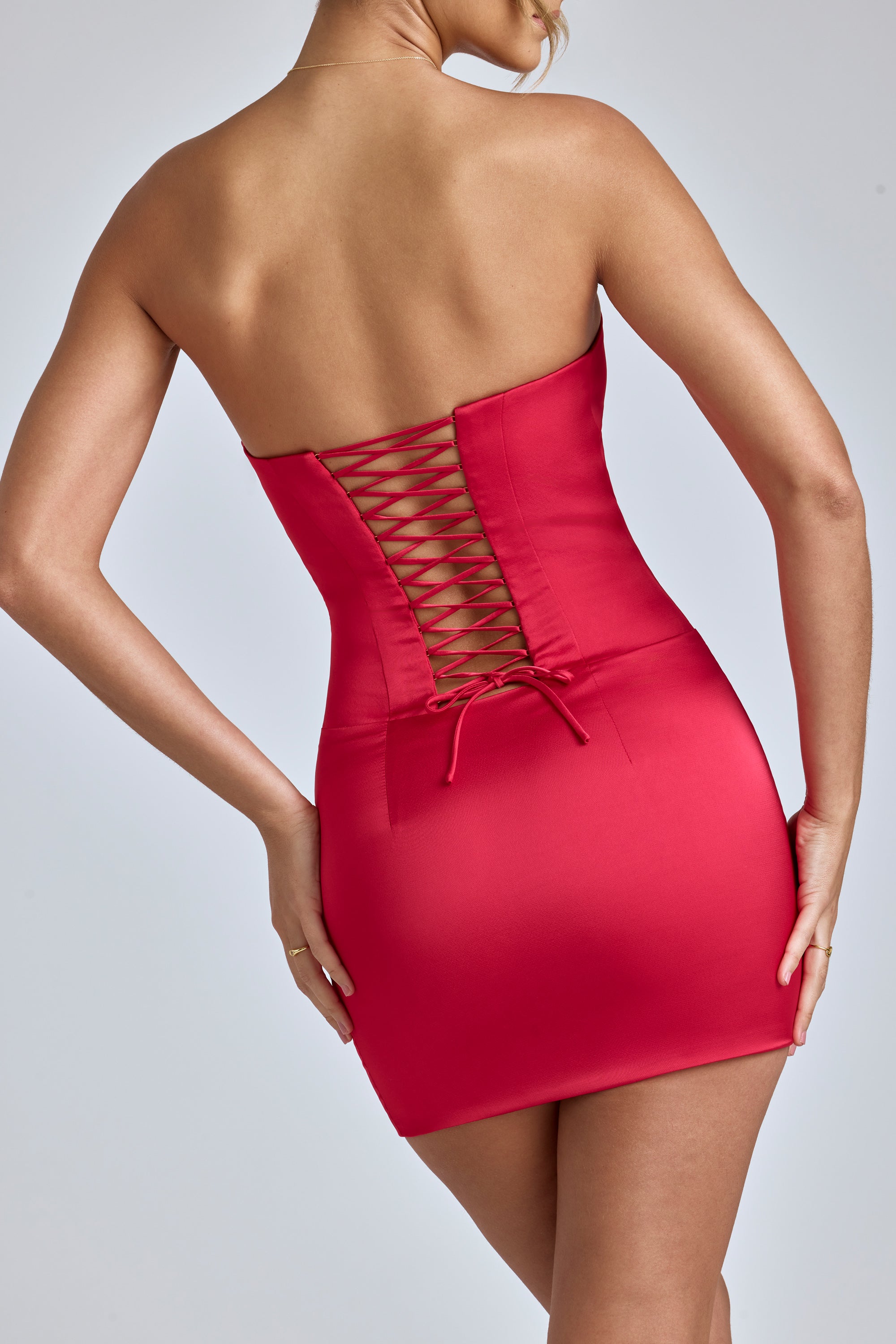 Adelaide-Lace-Up Corset Mini Dress in Cherry Red