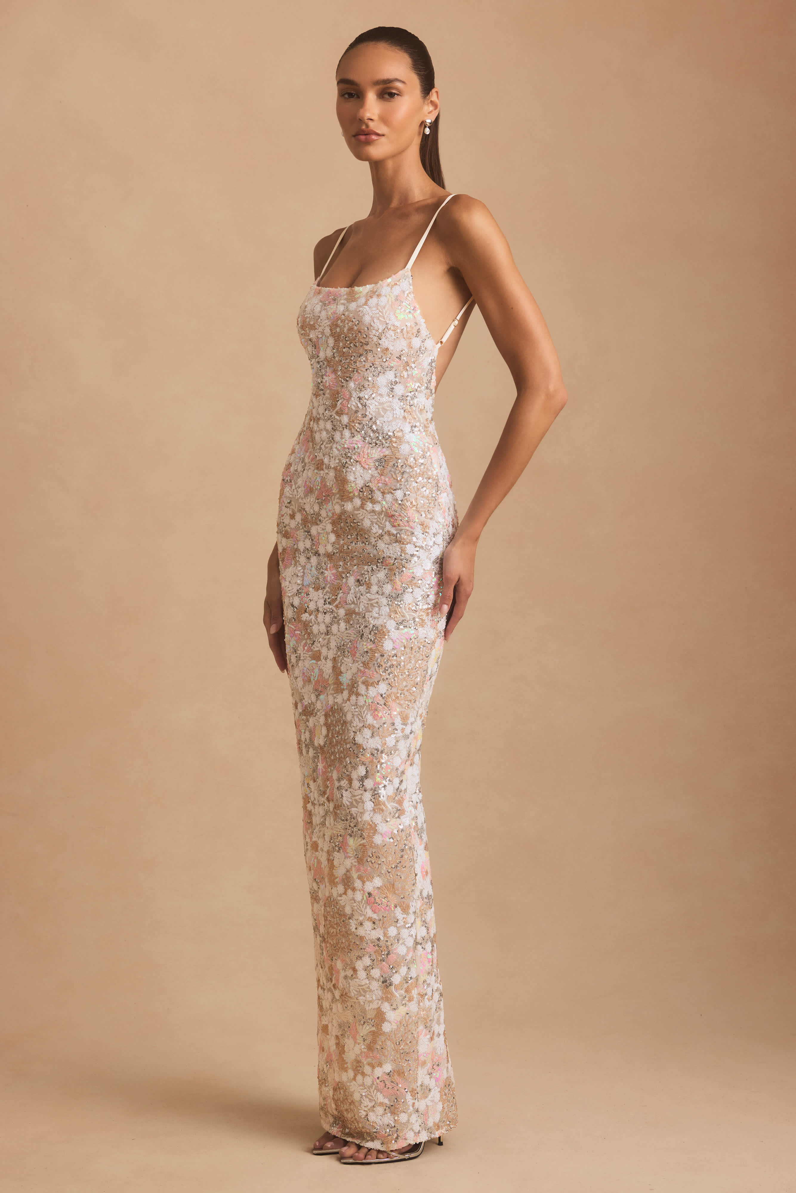 Tavira-Embellished Scoop-Neck Backless Maxi Dress in Ivory