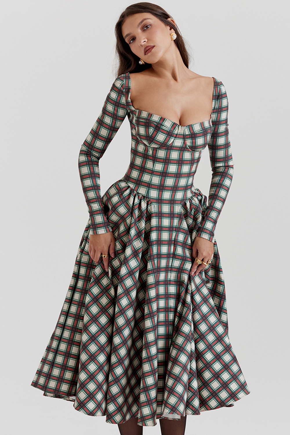 Eliza-Red Tartan Corset Midi Dress