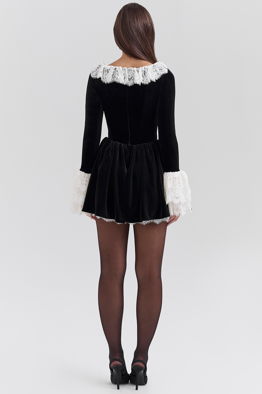 Czarina-Black Velvet Lace Trimmed Mini Dress - SALE