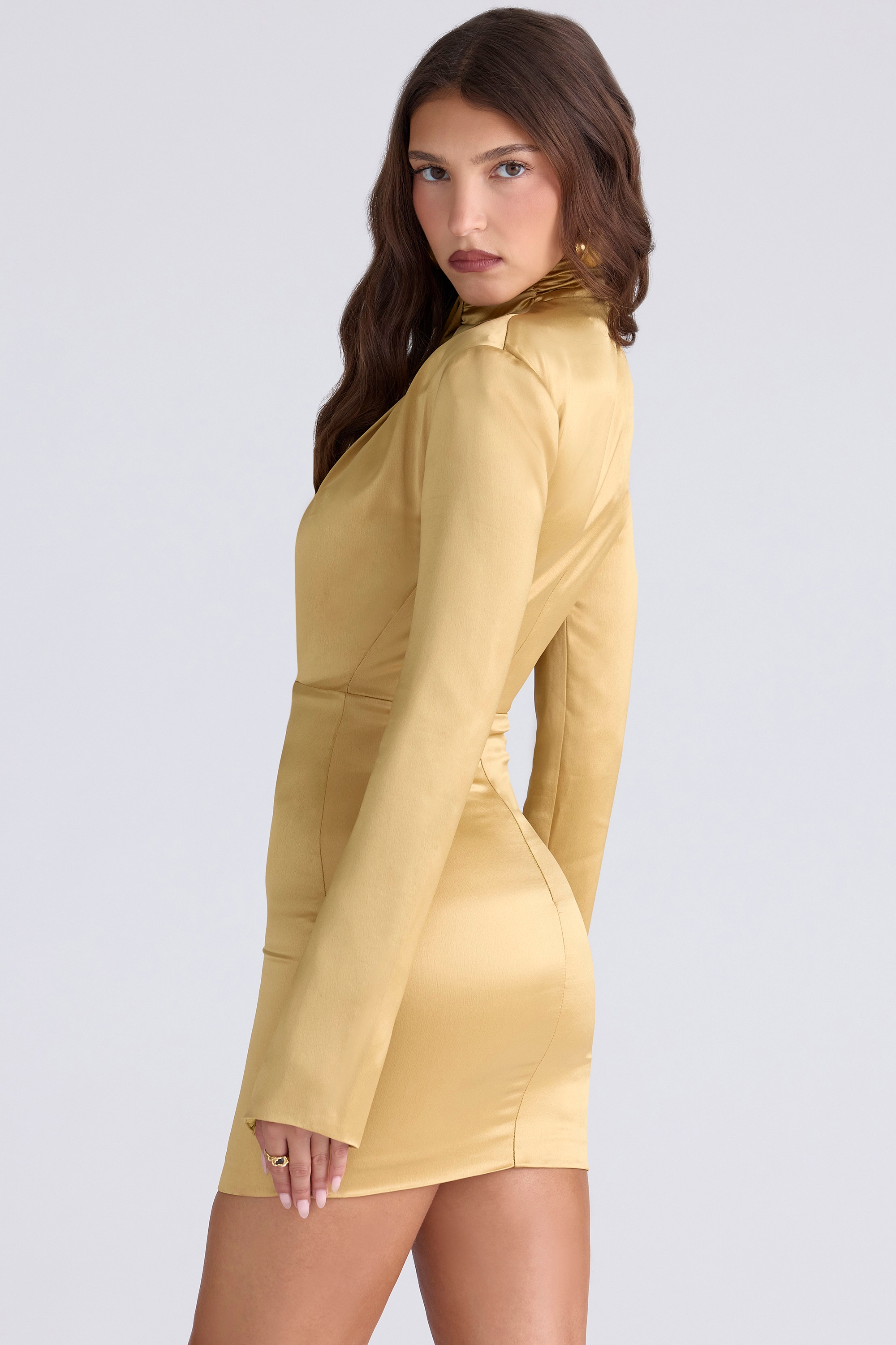Amala-Gold Long Sleeve Satin Mini Dress