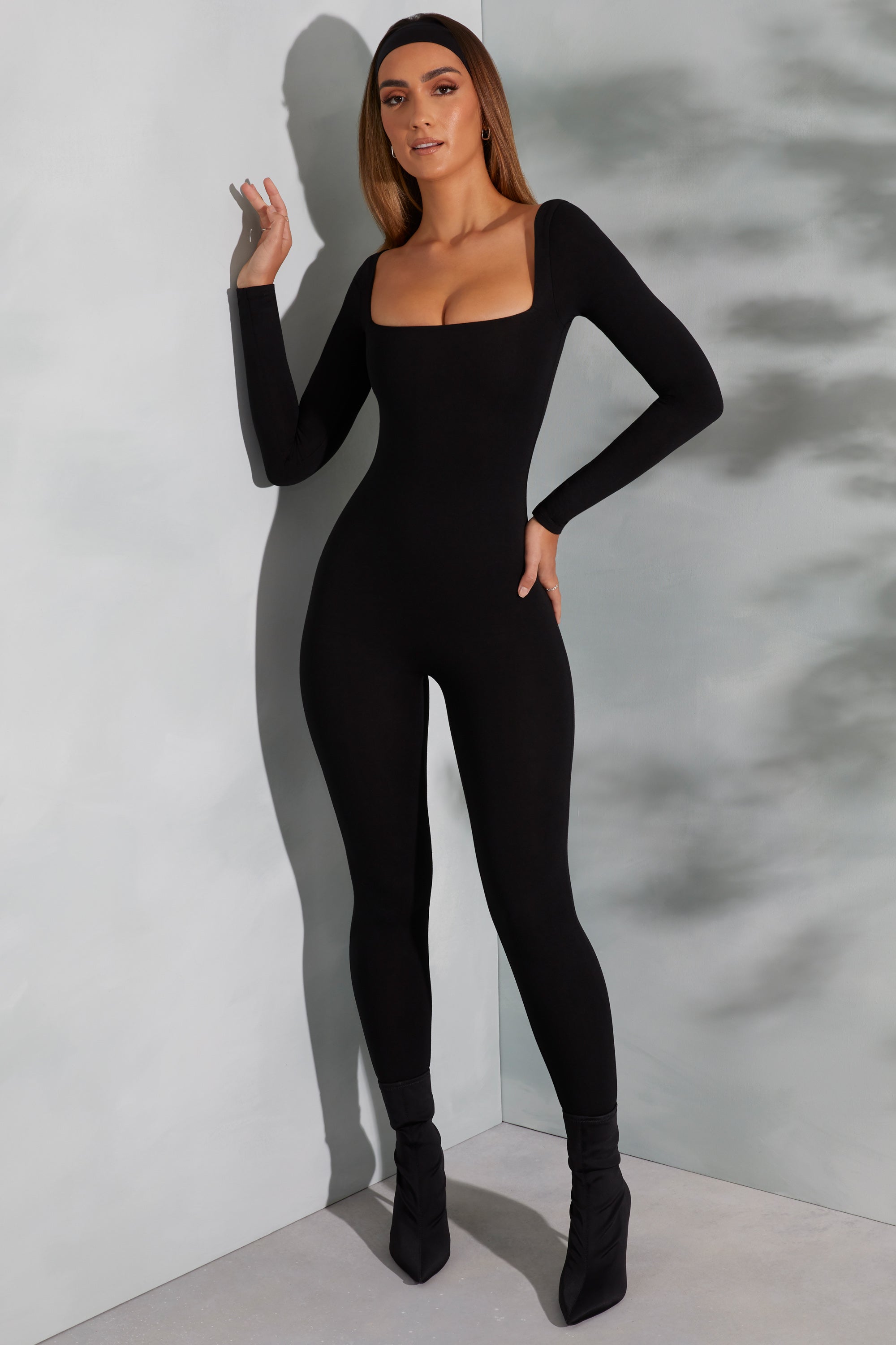 Delanie-Square Neck Long Sleeve Jumpsuit in Black