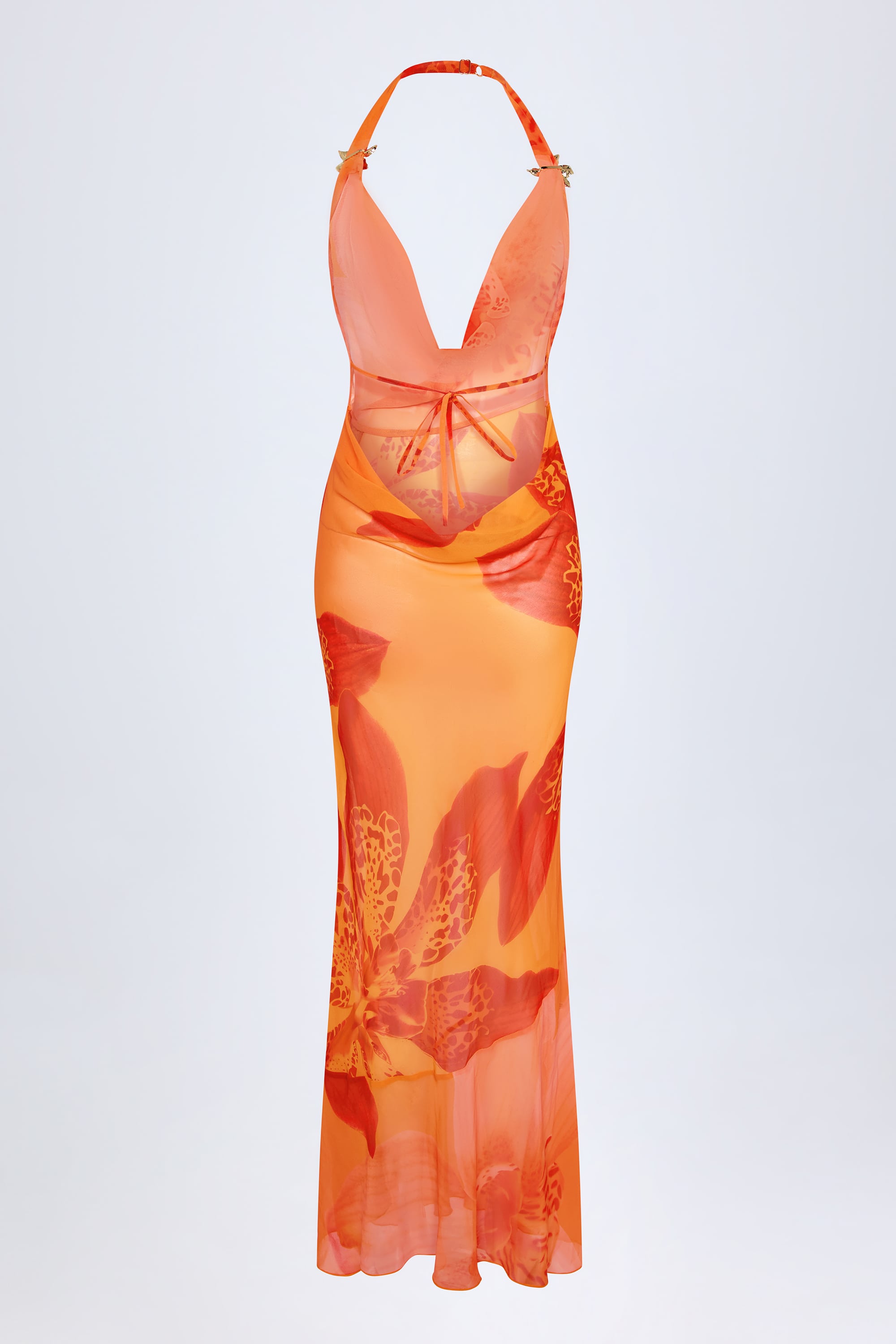 Taveuni-Cowl-Neck Hardware-Detail Maxi Dress in Orange Orchid Print