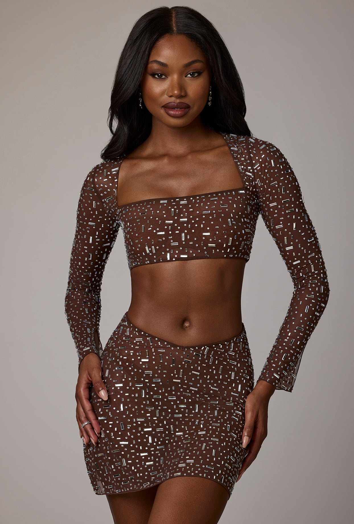 Thalassa-Sheer Embellished V Waist Mini Skirt in Deep Cocoa