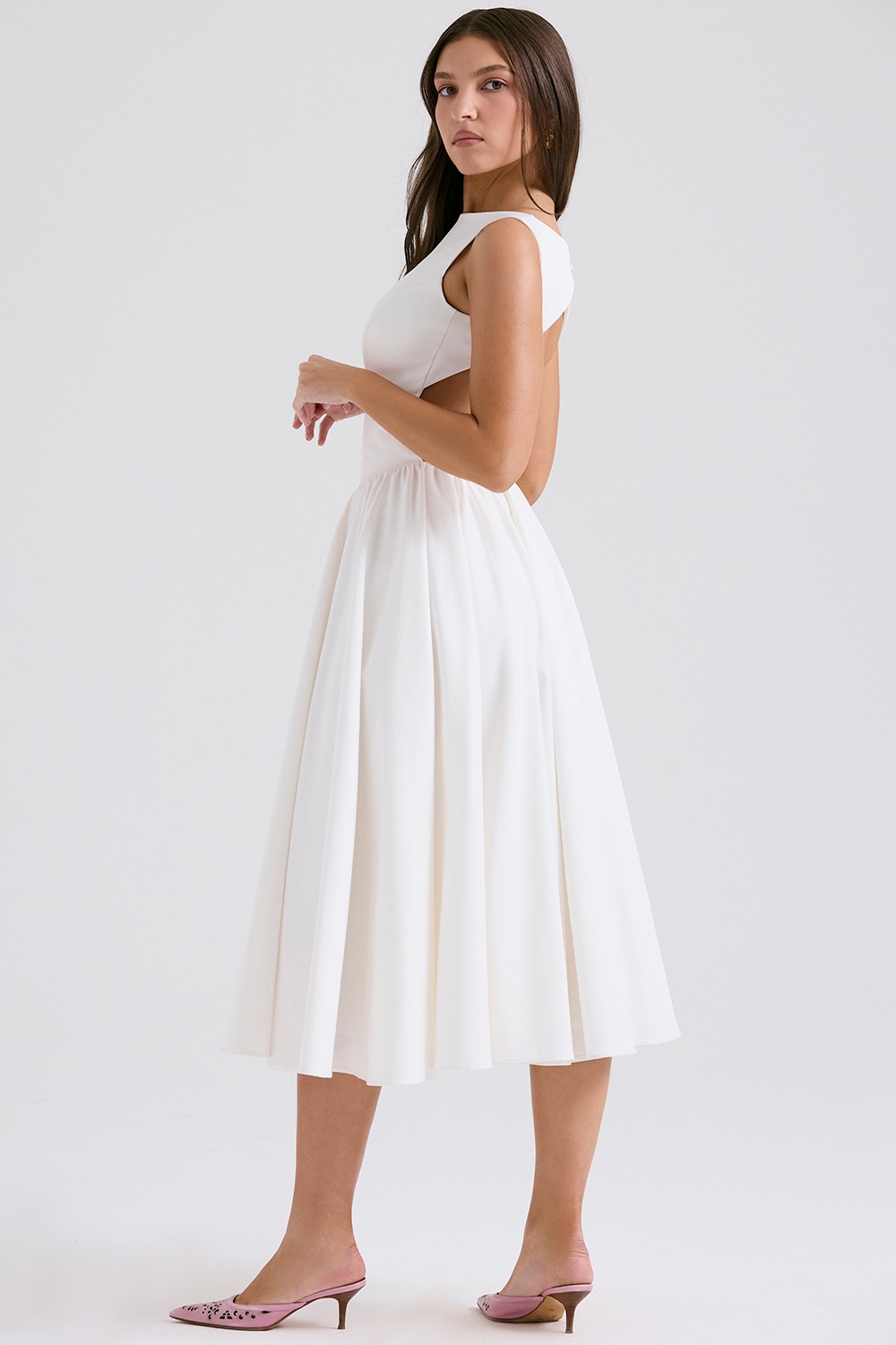 Cindy-White Twill Midi Sundress