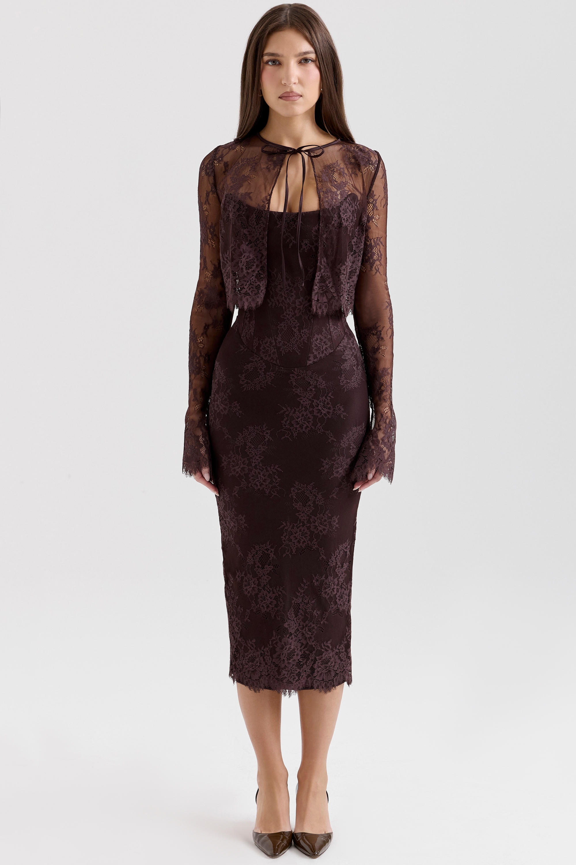 Larra-Bitter Chocolate Lace Corset Midi Dress & Bolero