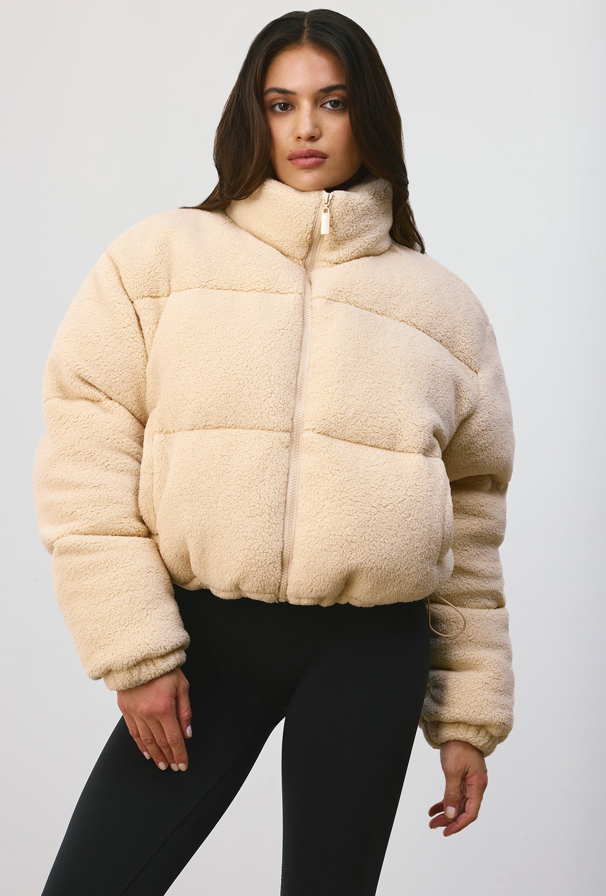 Terry Fleece Puffer Jacket in Beige
