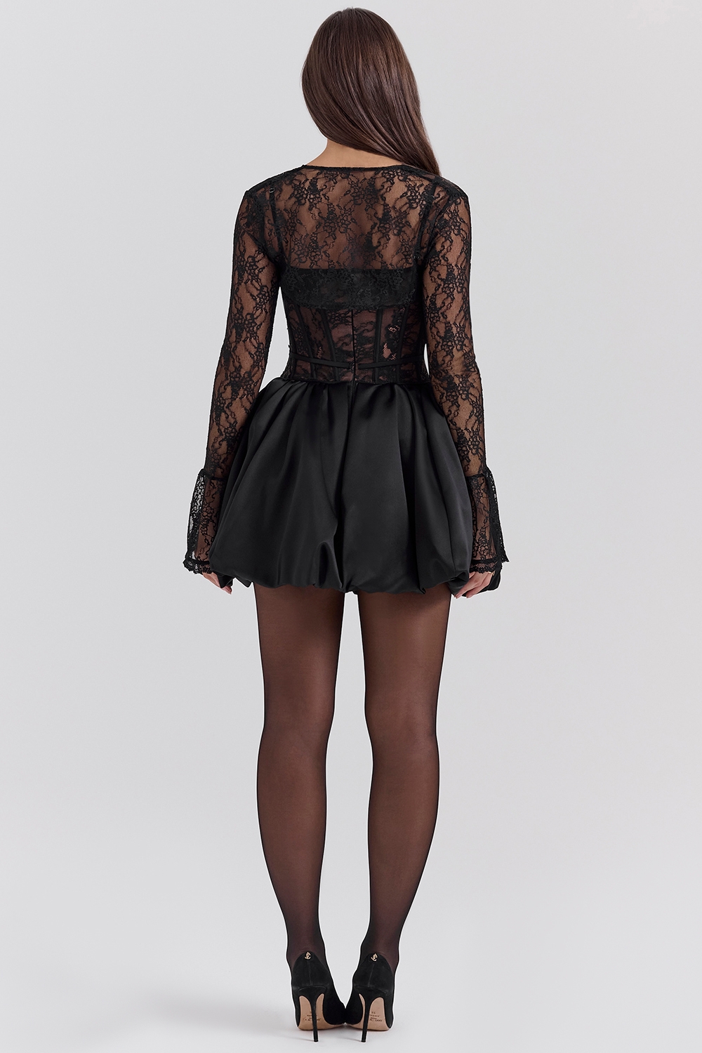 Beauty-Black Lace Puffball Mini Dress