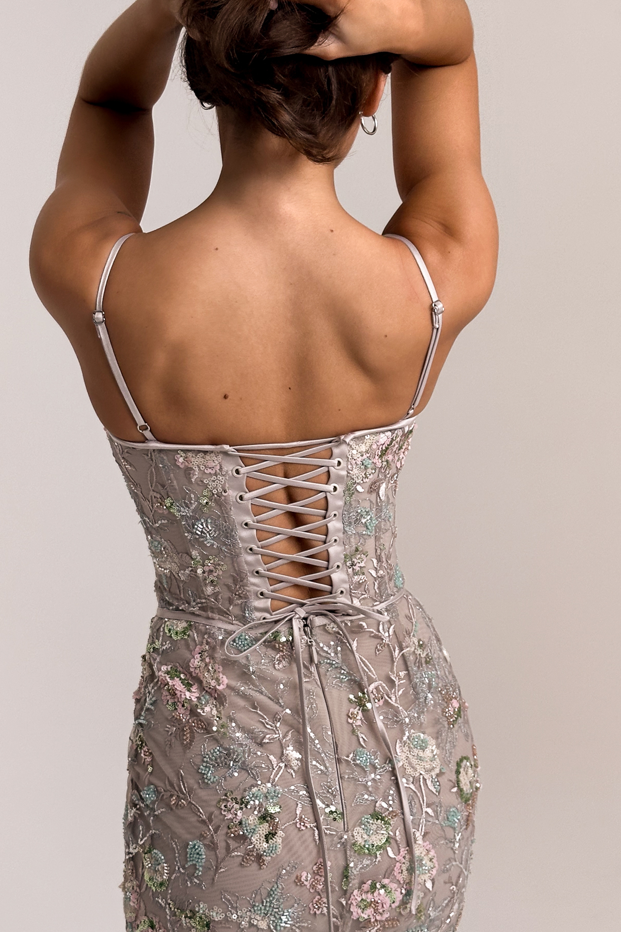 Naima-Silver Embellished Beaded Corset Maxi Dress