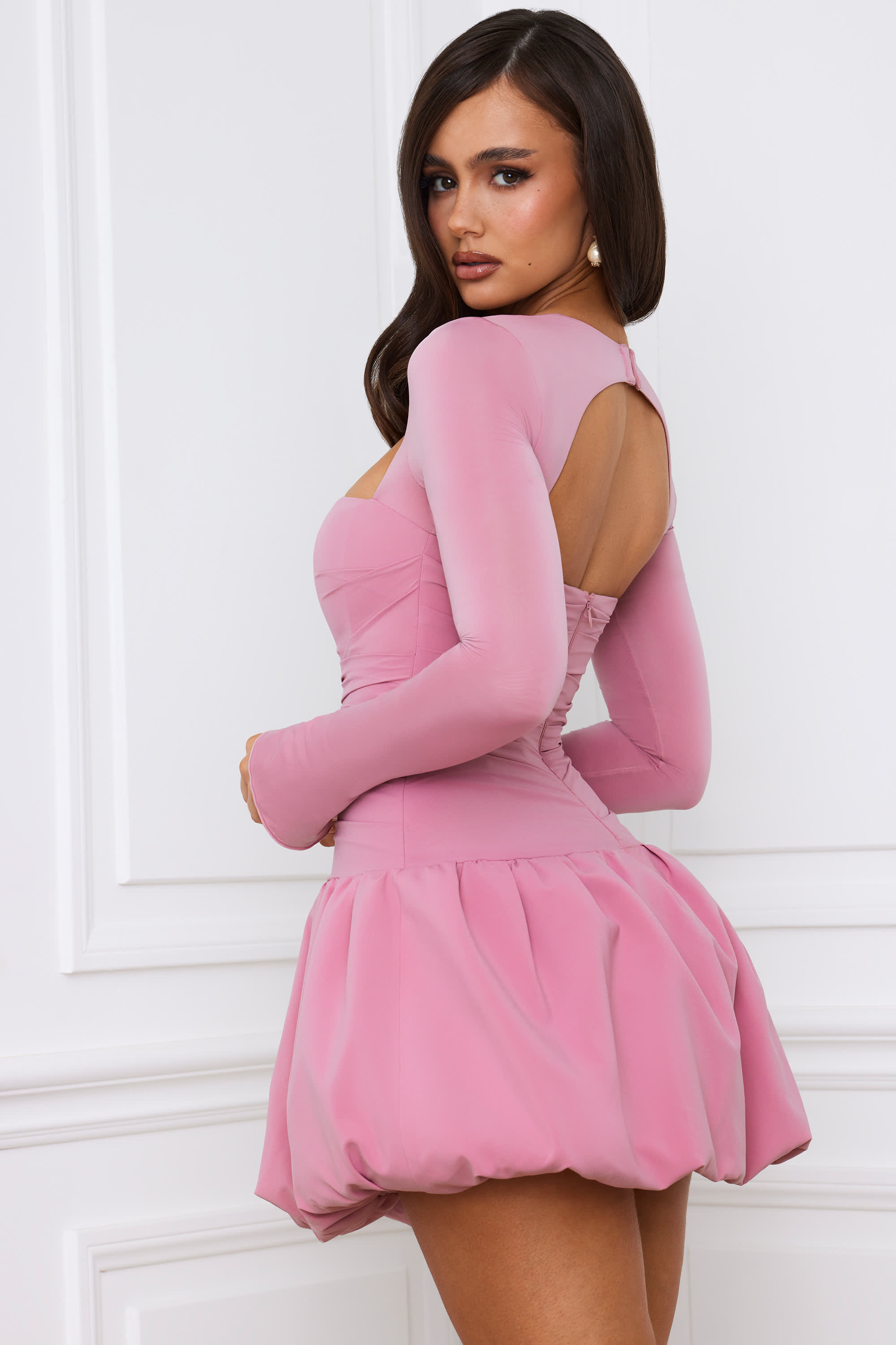 Viola-Long-Sleeve Bubble Hem Mini Dress in Mauve