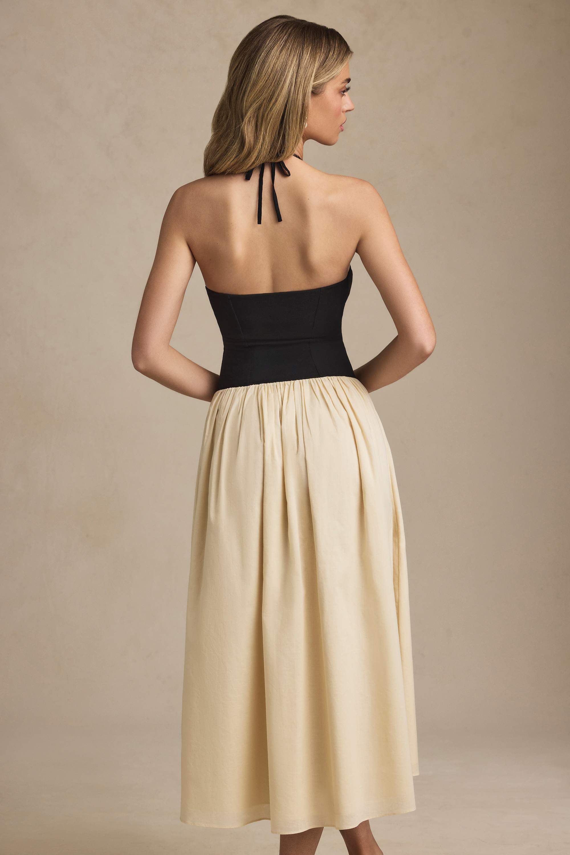 Thalira-Halterneck A-Line Midaxi Dress in Black