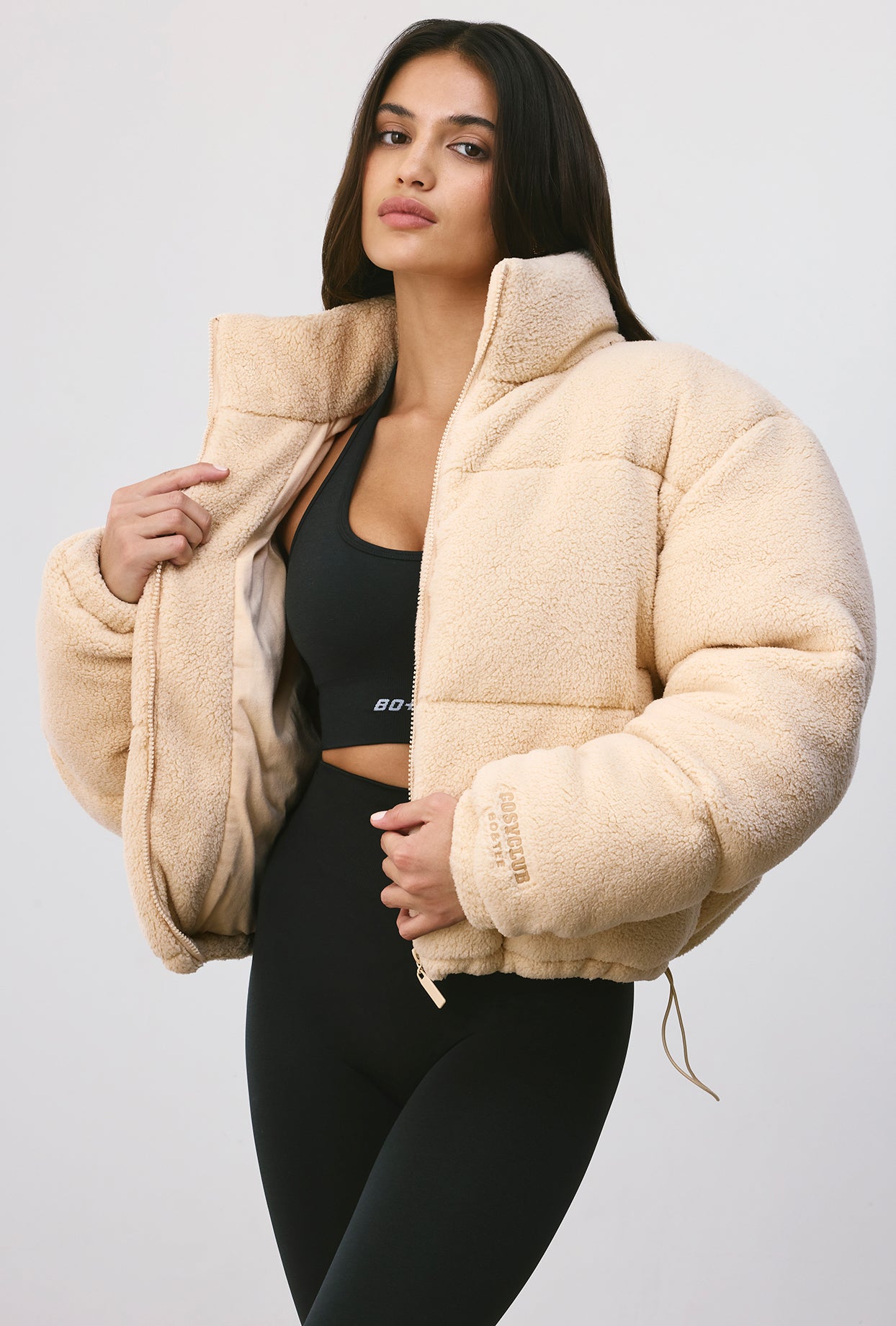 Terry Fleece Puffer Jacket in Beige