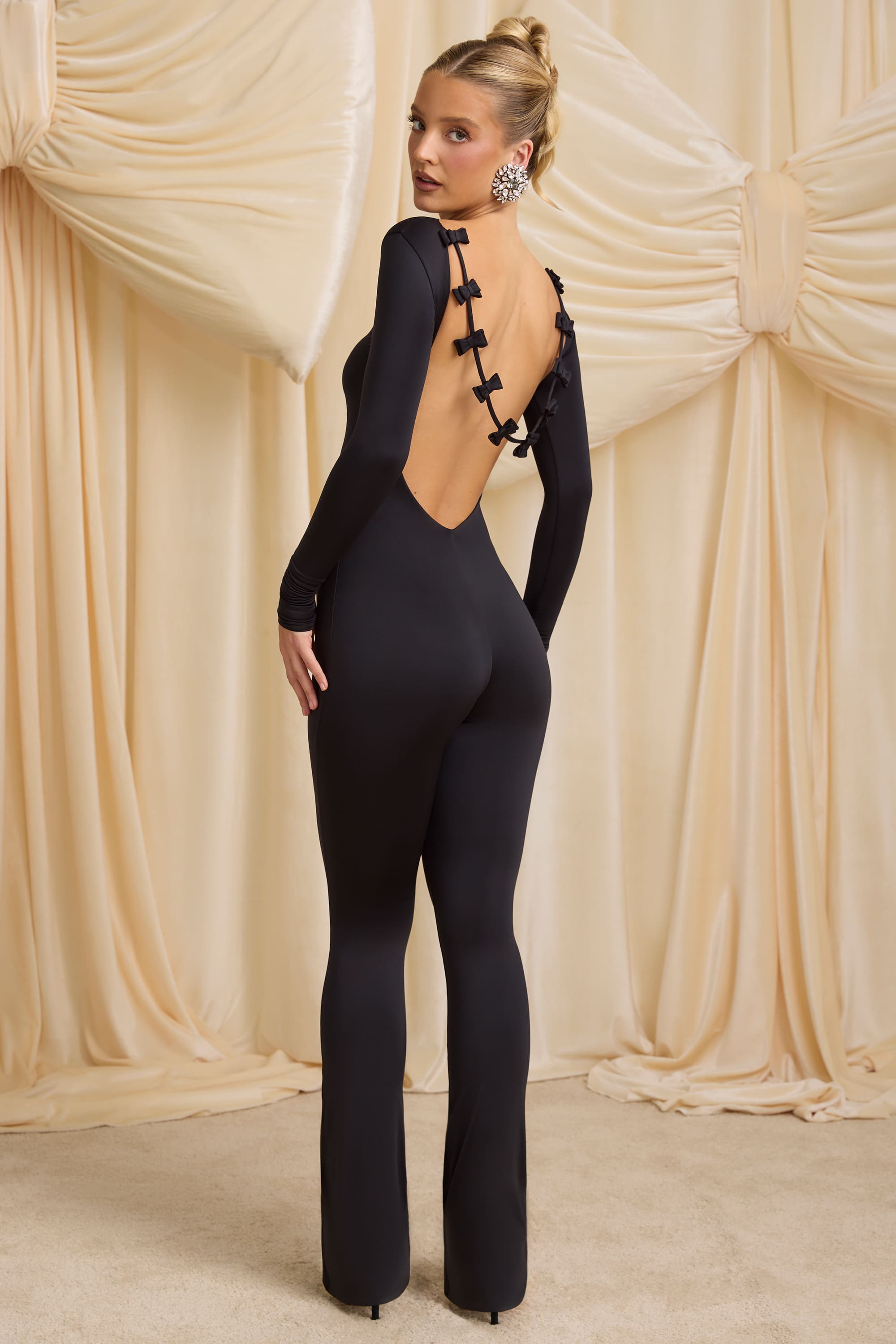 Eulalie-Tall Slinky Jersey Bow-Detail Jumpsuit in Black